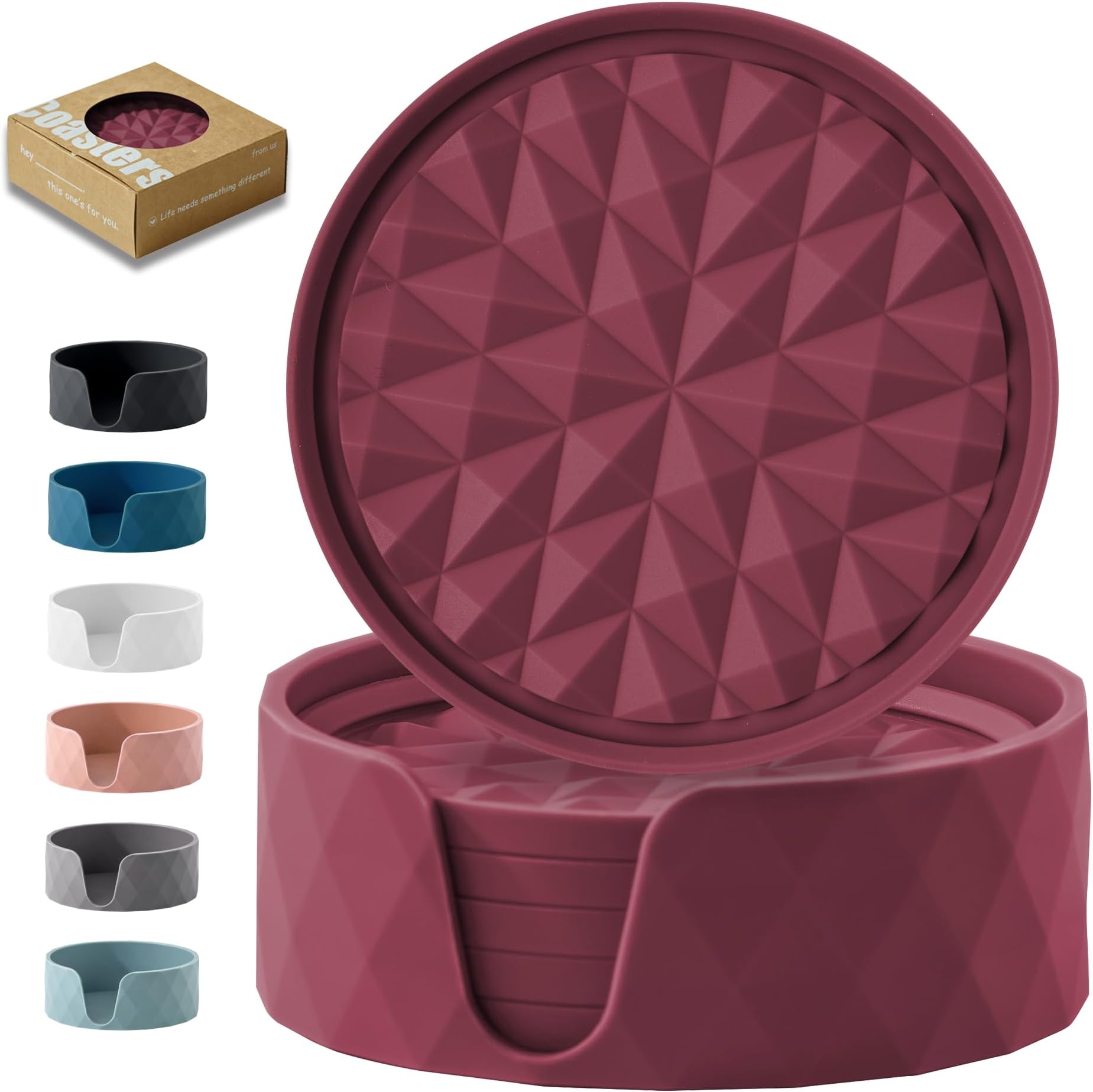 Silicone Coasters for Drinks[6 Pack]- Cup Mat with Holder for Tabletop Protection-Non-Slip, Non-Stick, Coffee Table Decor, Great Gift for Any Occasion, Red