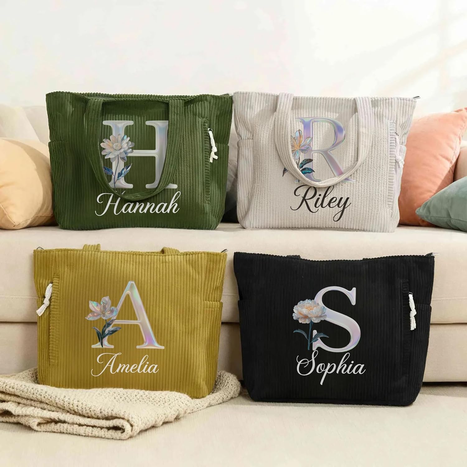 Personalized Mother of Pearl Initial Tote Bag For Women Cute Corduroy Custom Name Birth Flower Work Tote Bag Large Everyday Travel Handbags With Zipper Birthday Gifts for Mom Grandma Daughter - Image 7