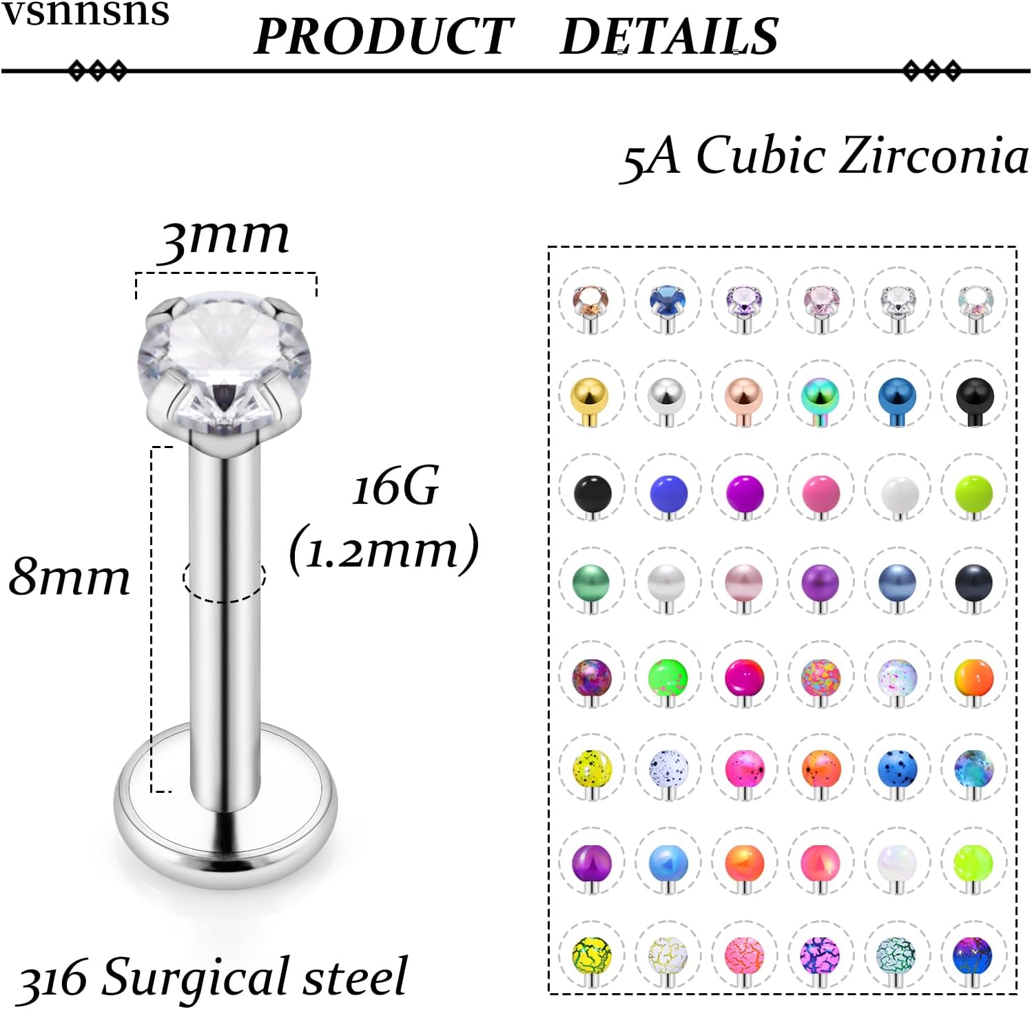 Vsnnsns 48PCS 16G Lip Rings Stainless Steel Tragus Helix Conch Piercing Jewelry Snake Bite Piercing Monroe Lip Rings Labret Medusa Cartilage Lobe Earrings Studs Piercing Jewelry 6MM 8MM 10MM Silver - Image 2