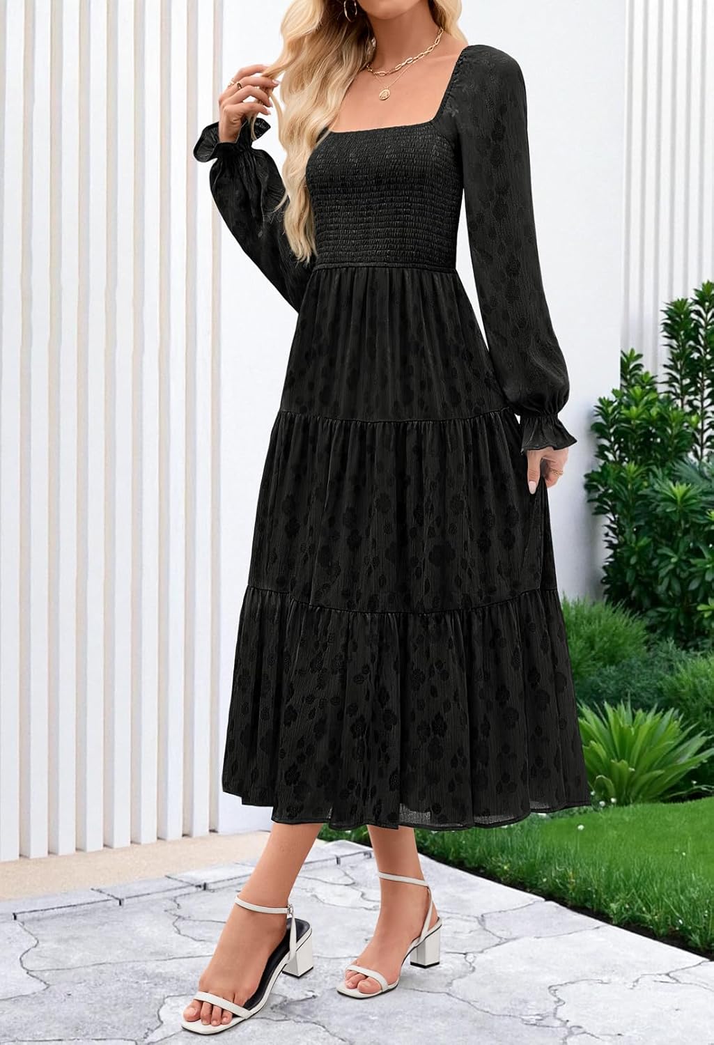 MEROKEETY Women's Fall Long Sleeve Floral Midi Dress Smocked Ruffle Tiered Square Neck Wedding Guest Dresses Pockets - Image 4