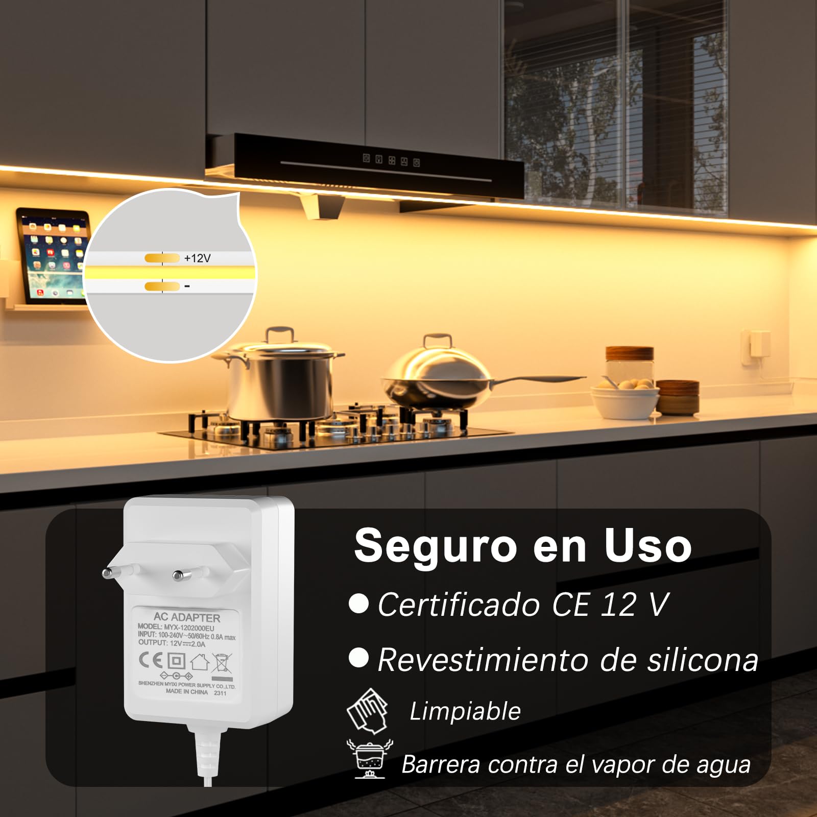 WOBANE Tira Led COB Blanco Cálido 3000K, Luces Led 3 Metros con Control Remoto Regulable,Tiras Led Cocina Bajo Mueble con Alimentación para Habitacion,Escaparate,Gabinete