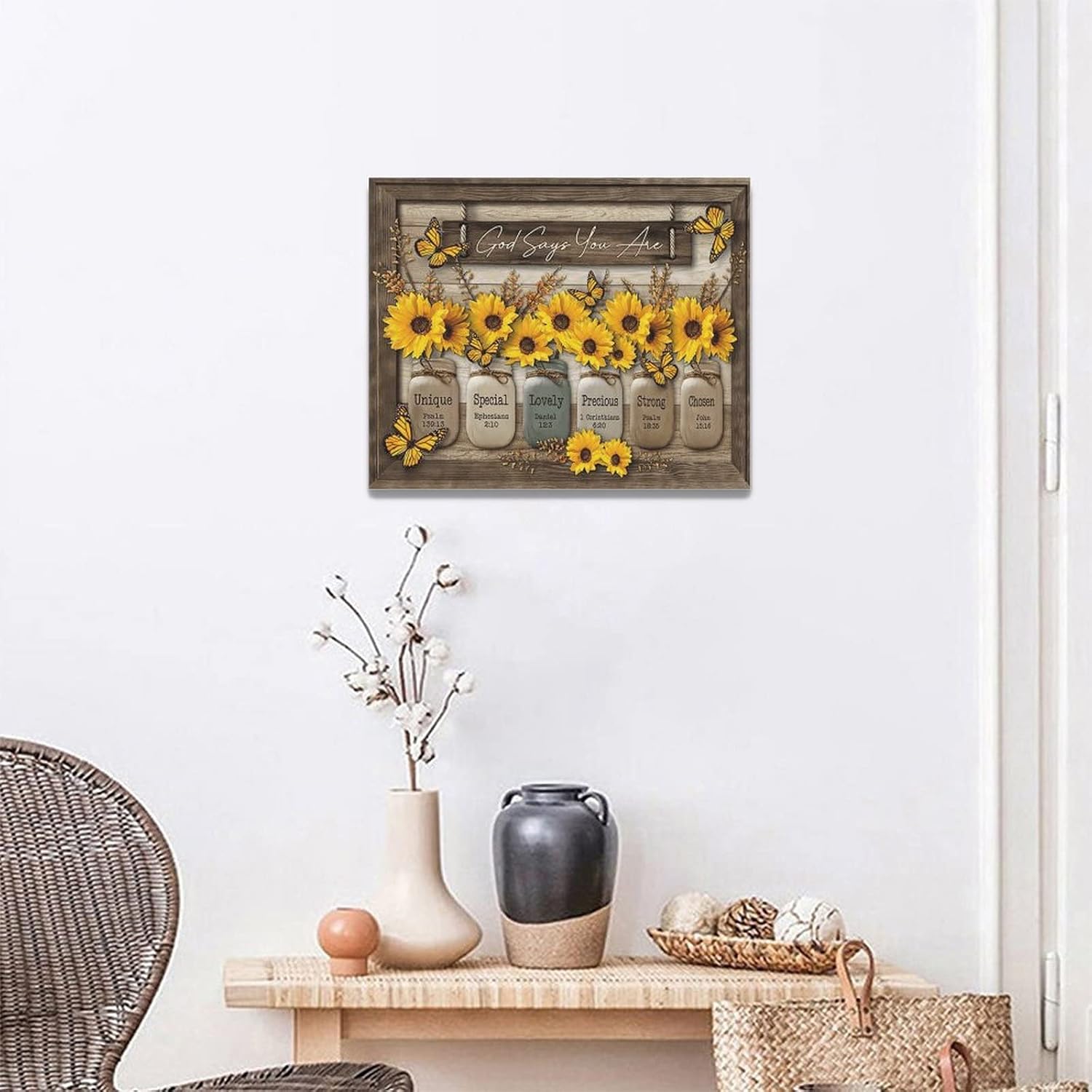 Christian Sunflower Wall Art Rustic Sunflower Butterfly Pictures Wall Decor Country Bible Verse Canvas Painting Modern Home Artwork Decoration for Bathroom Living Room Bedroom Office Framed 20"x16"