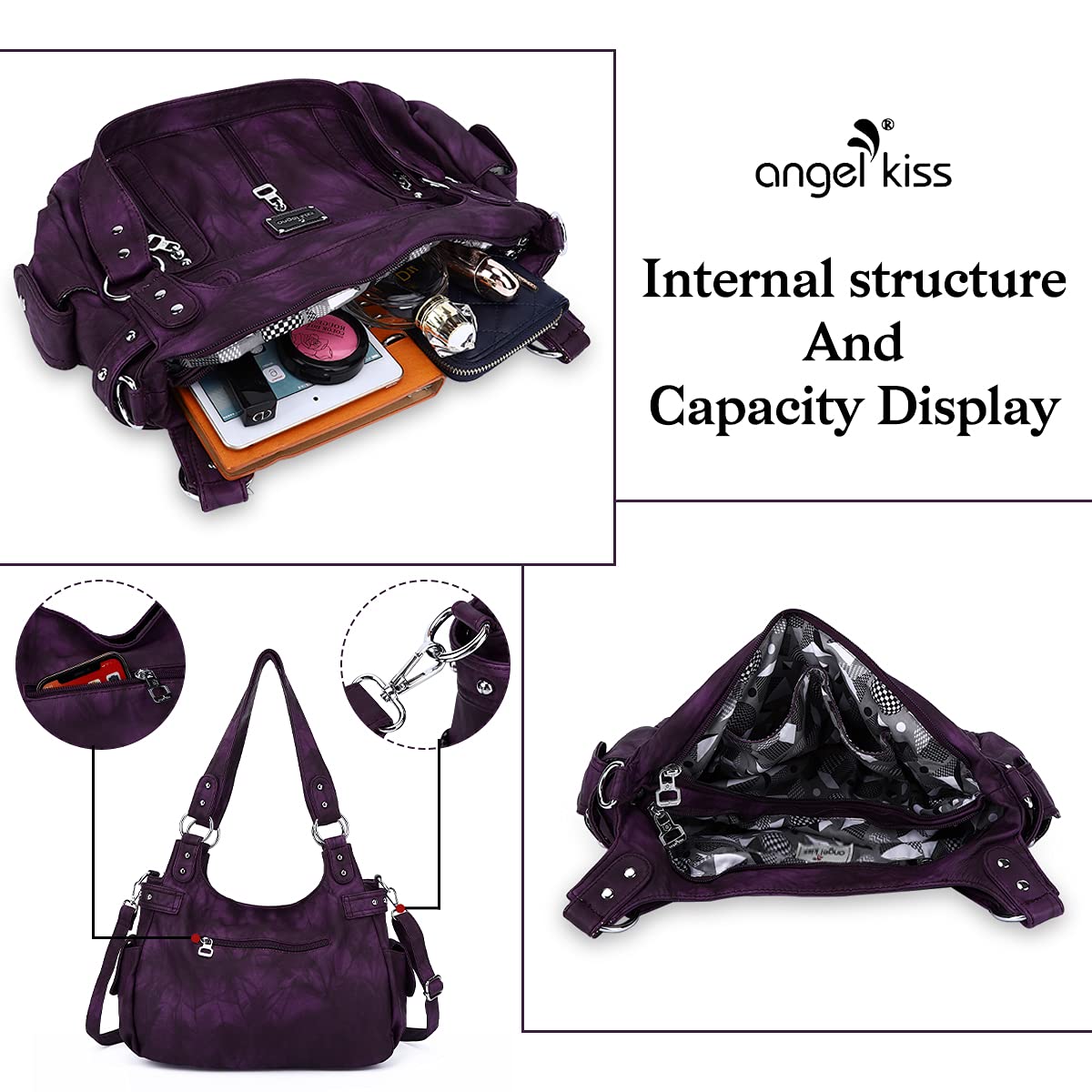 Angelkiss Duże torebki dla kobiet, sprane, sztuczna skóra, crossbody, hobo, na ramię