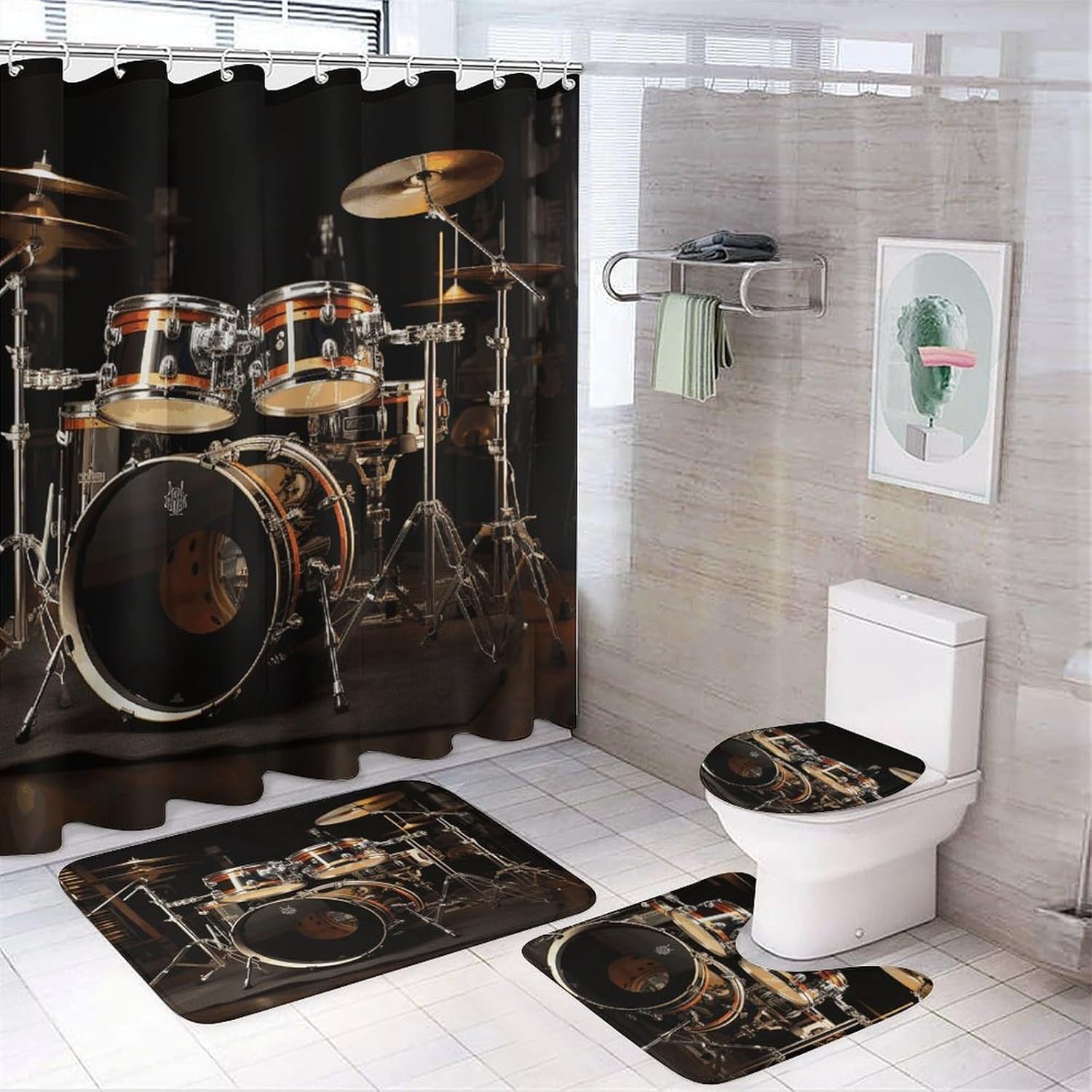 Drum Set 4Pcs Shower Curtain Set with Non-Slip Rugs, Toilet Lid Cover and Bath Mat,Bathroom Set Decor Accessories,Curtain Set with 12 Hooks, 72 X 72 Inch