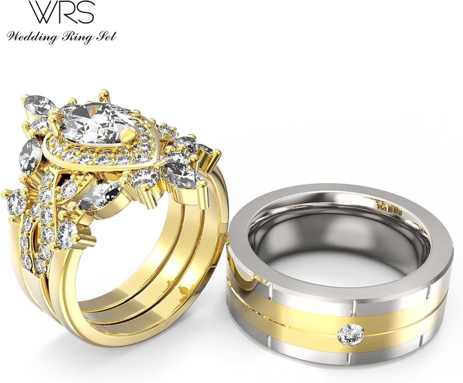 Couple Ring Bridal Set His And Hers Women 10k Yellow Gold Filled Round Cz Ring Set Men Titanium Band Wedding Ring Band Set