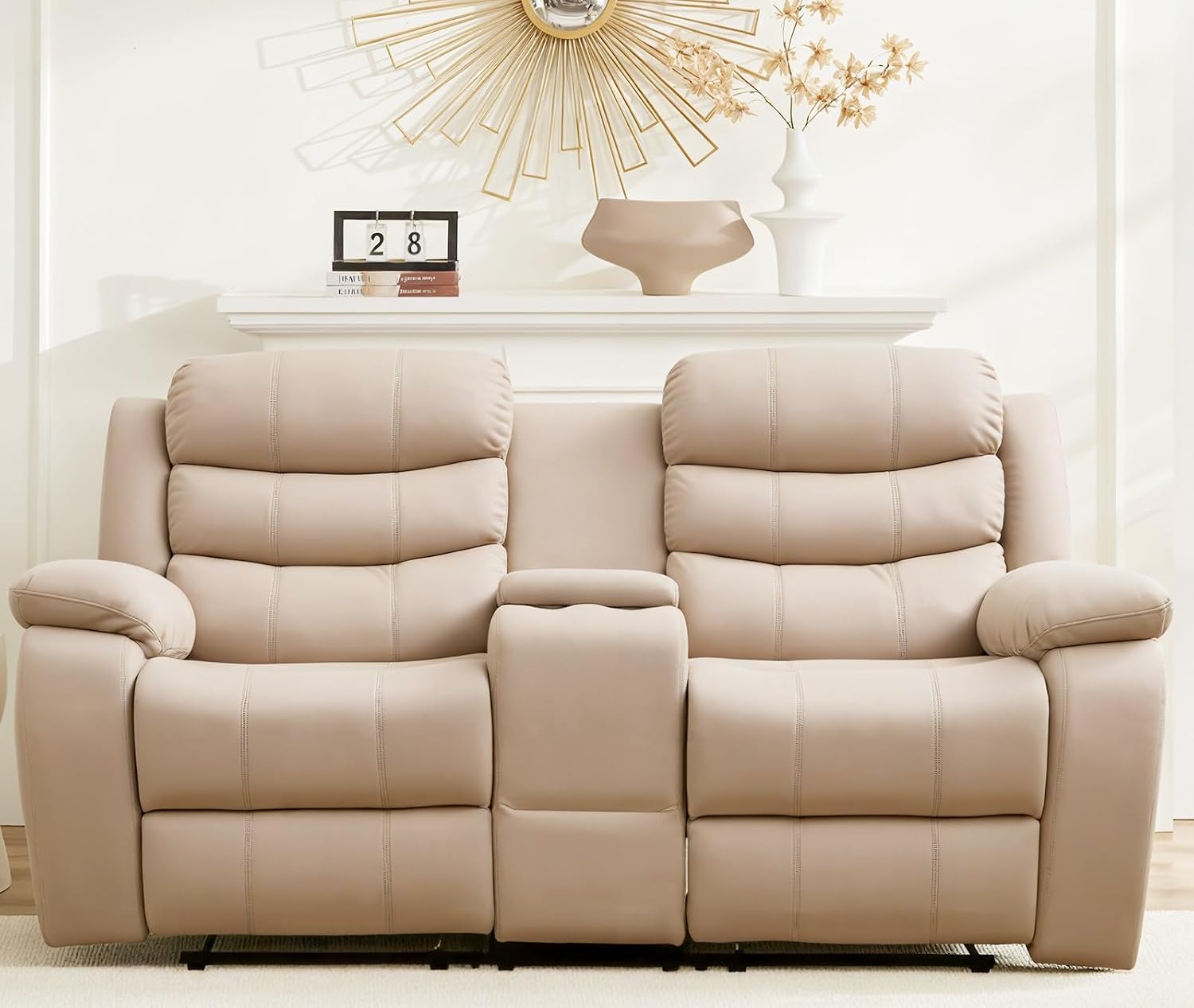 BALUS Faux Leather Loveseat Recliner Couch, Reclining Sofa with Built-in Storage & Cup Holders, 2 Seater Manual Couch with Console for Living Room/Office/Home Theater, Beige
