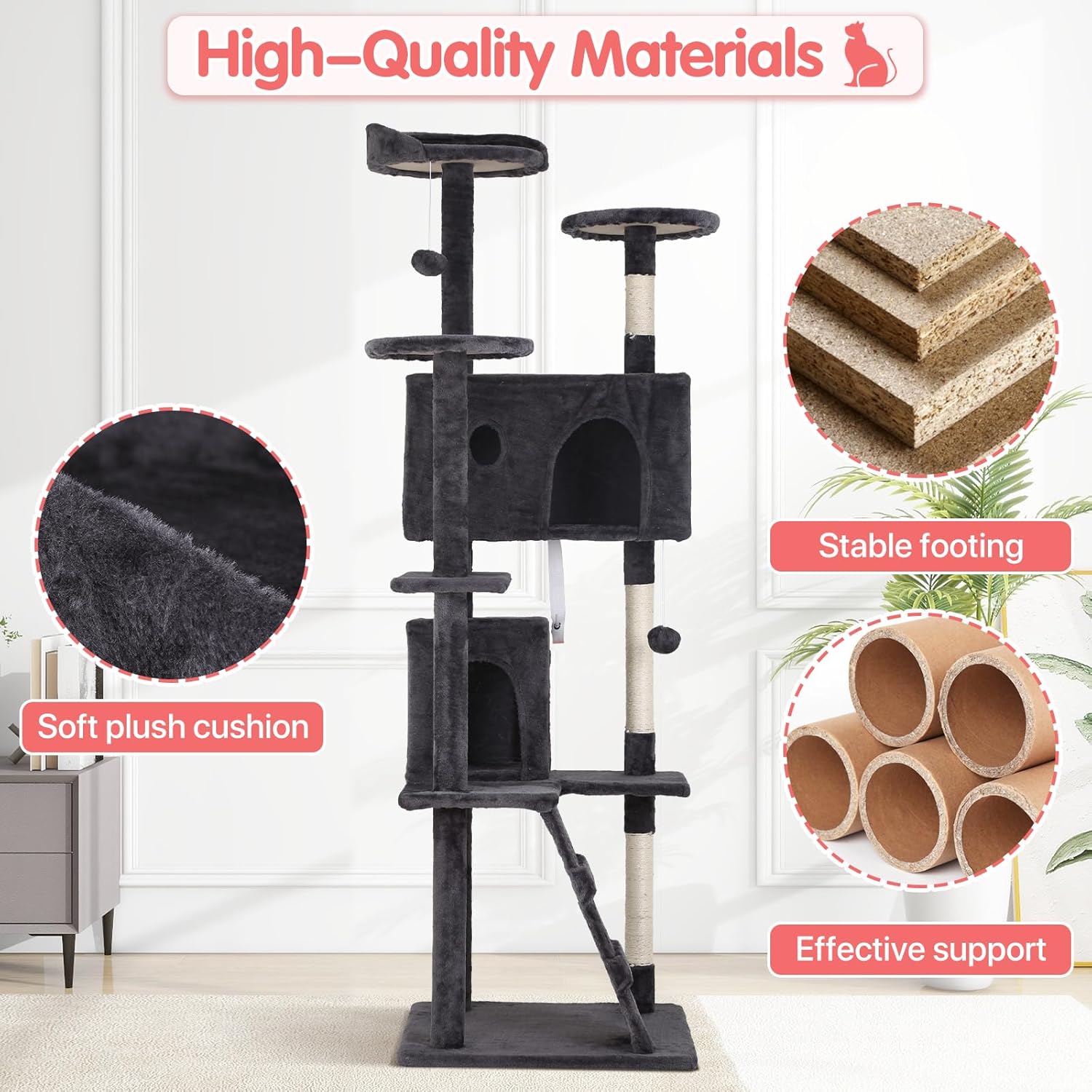 70in Cat Tree Cat Climbing Tower with Scratching Post, Cats House Perch Kitten Tree Condo Wood Playhouse, Pet Trees Tower for Indoor Cats, Dark Gray