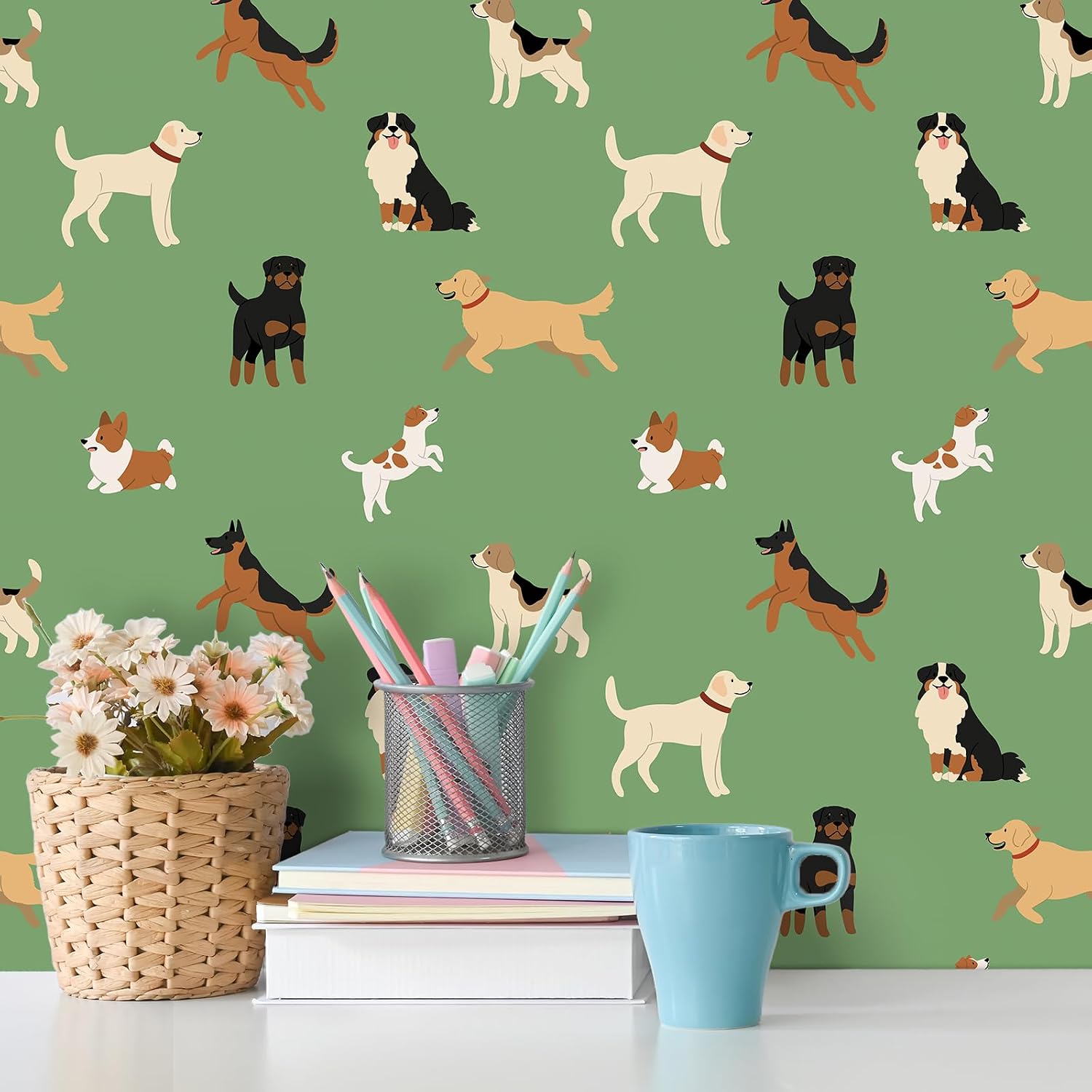 Cute Dog Wallpaper Green Contact Paper 17.7"x160" Self Adhesive Animal Kids Wallpaper Stick and Peel Baby Nursery Wall Decor for Bedroom Removable Cartoon Dog Contact Paper for Cabinets Wall