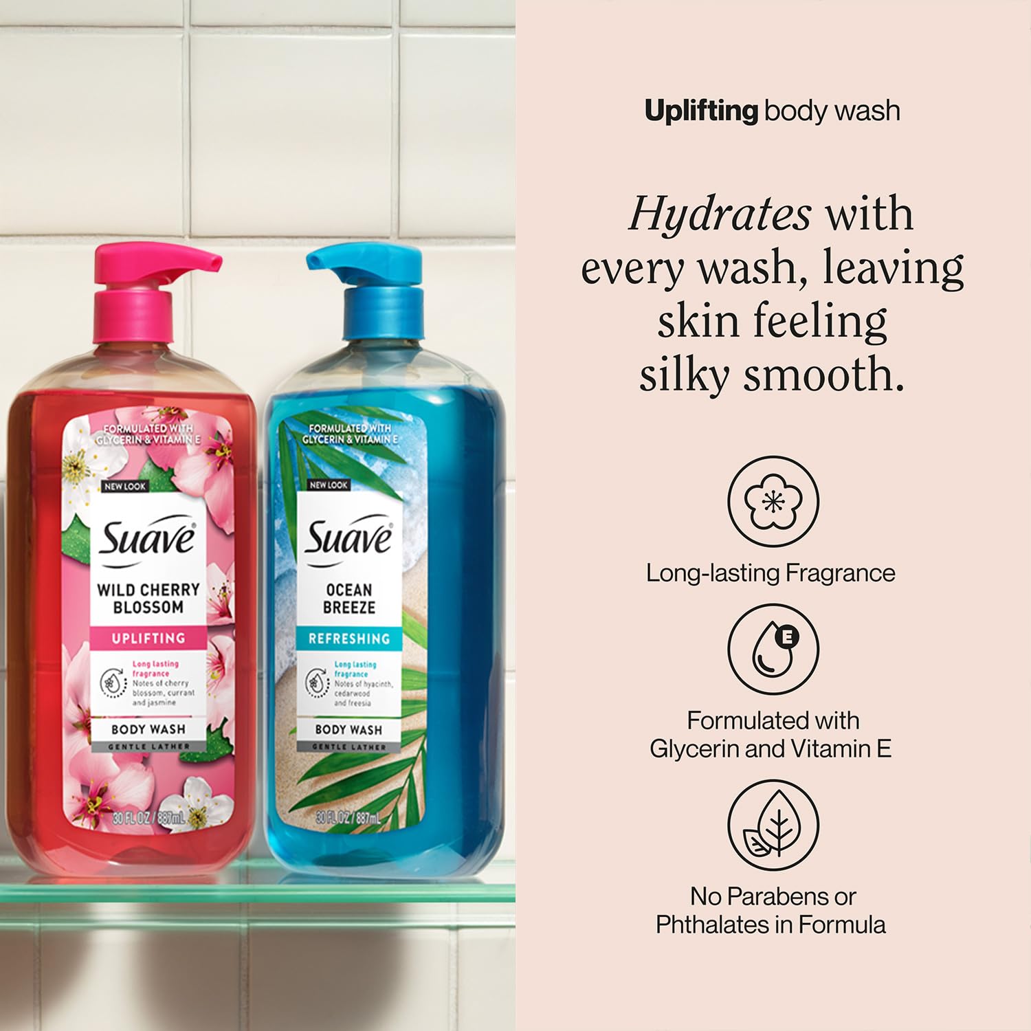 Suave Body Wash Variety Bundle – Ocean Breeze 2-Pack & Wild Cherry Blossom, Gentle & Moisturizing Body Washes with Vitamin E, 30 Oz Ea (3 Piece Set)