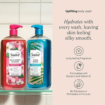 Suave Body Wash Variety Bundle Ocean Breeze 2-Pack & Wild Cherry Blossom, Gentle & Moisturizing Body Washes with Vitamin E, 30 Oz Ea (3 Piece Set)