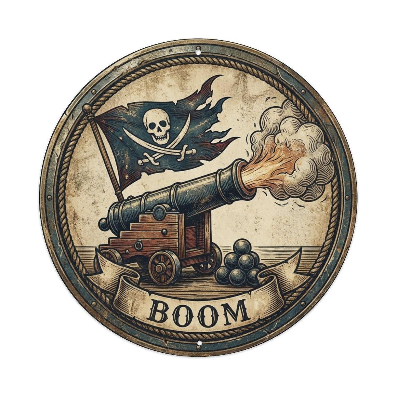 Boom Big Cannon Smoke Jolly Roger Flag Maritime Cannonade Metal Tin Sign