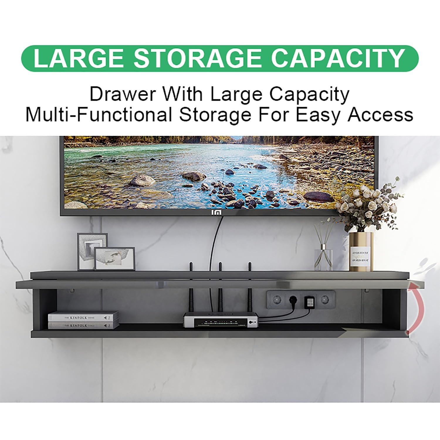 Supporto per TV galleggiante da parete, lucido, moderno, con sportello superiore, organizer per console multimediale per soggiorno, camera da letto, supporto TV a parete.