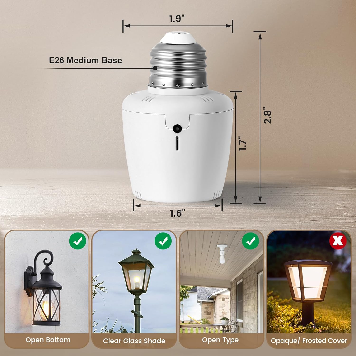 SURAIELEC Dusk to Dawn Sensor Socket, Automatic Light Sensor Socket for for E26/E27 Bulbs, Flame Bulb, Outdoor Lighting Fixtures, Works with LED, CFL, Halogen, Incandescent Bulbs, White, 4-Pack
