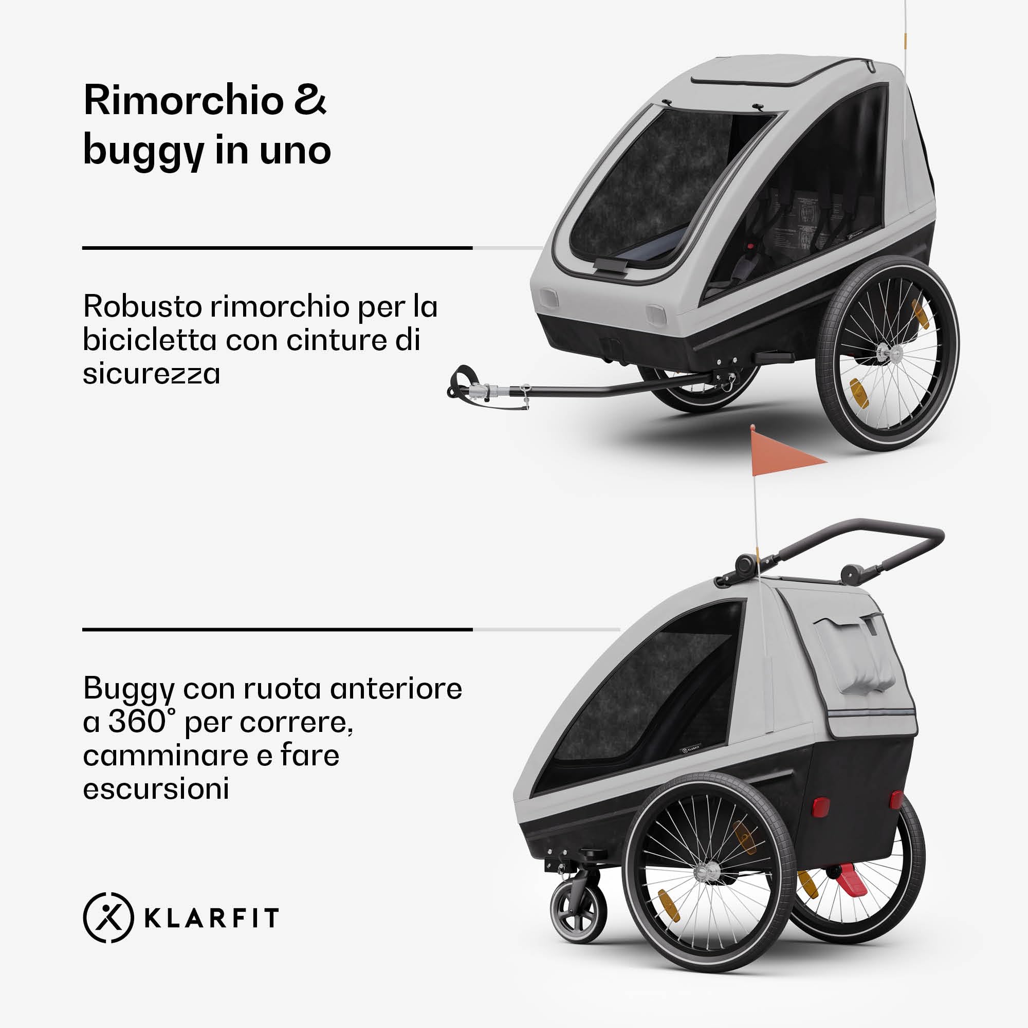 Klarfit GoKiddo Rimorchio per Bici 2in1 Carrello e Passeggino 40kg Pieghevole Grigio Chiaro