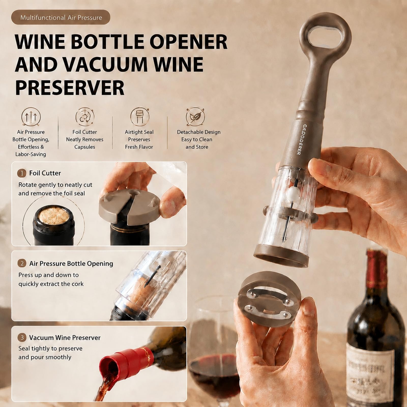 JOTEC Abridor manual de botellas de vino y cerveza 2 en 1, a presión de