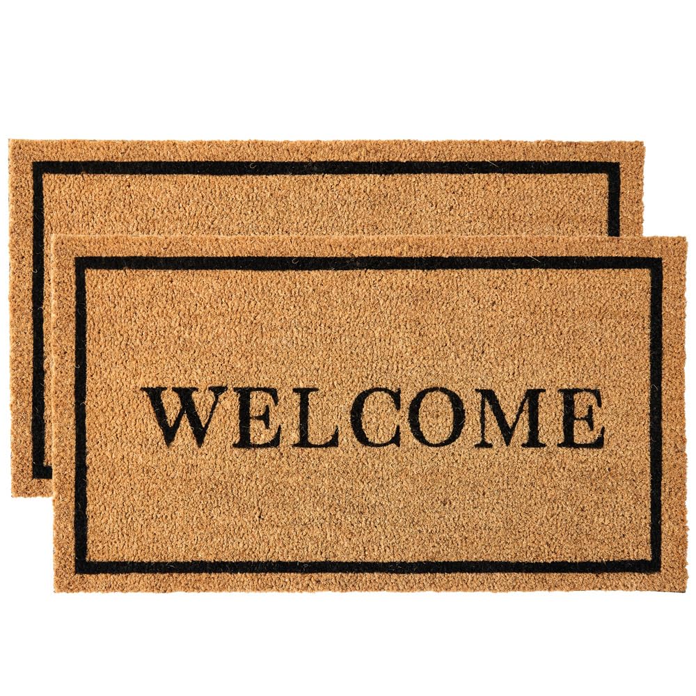 KANKUNCoco Coir Door Mat with Heavy Duty Backing, Welcome Doormat (17" x 30"), Doormat Entrance (Welcome2-2Pack)