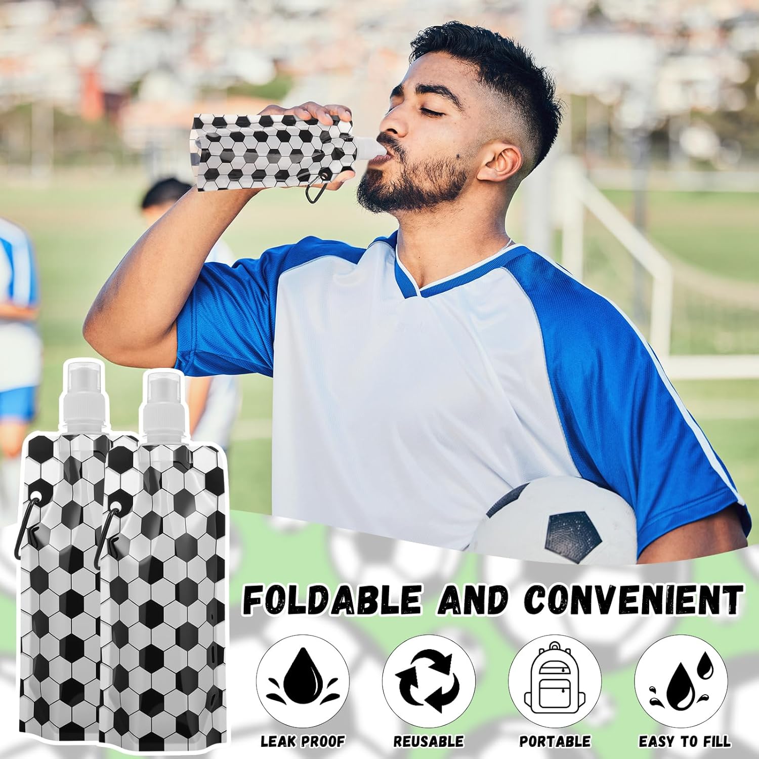 LemonRoad 24 Pack Collapsible Water Bottles Bulk 16 oz Sports Water Bottles with Carabiner Drinking Leak Proof Bags for Sports Party Favors Team Gifts Biking Hiking Travel Outdoor(Soccer Style)