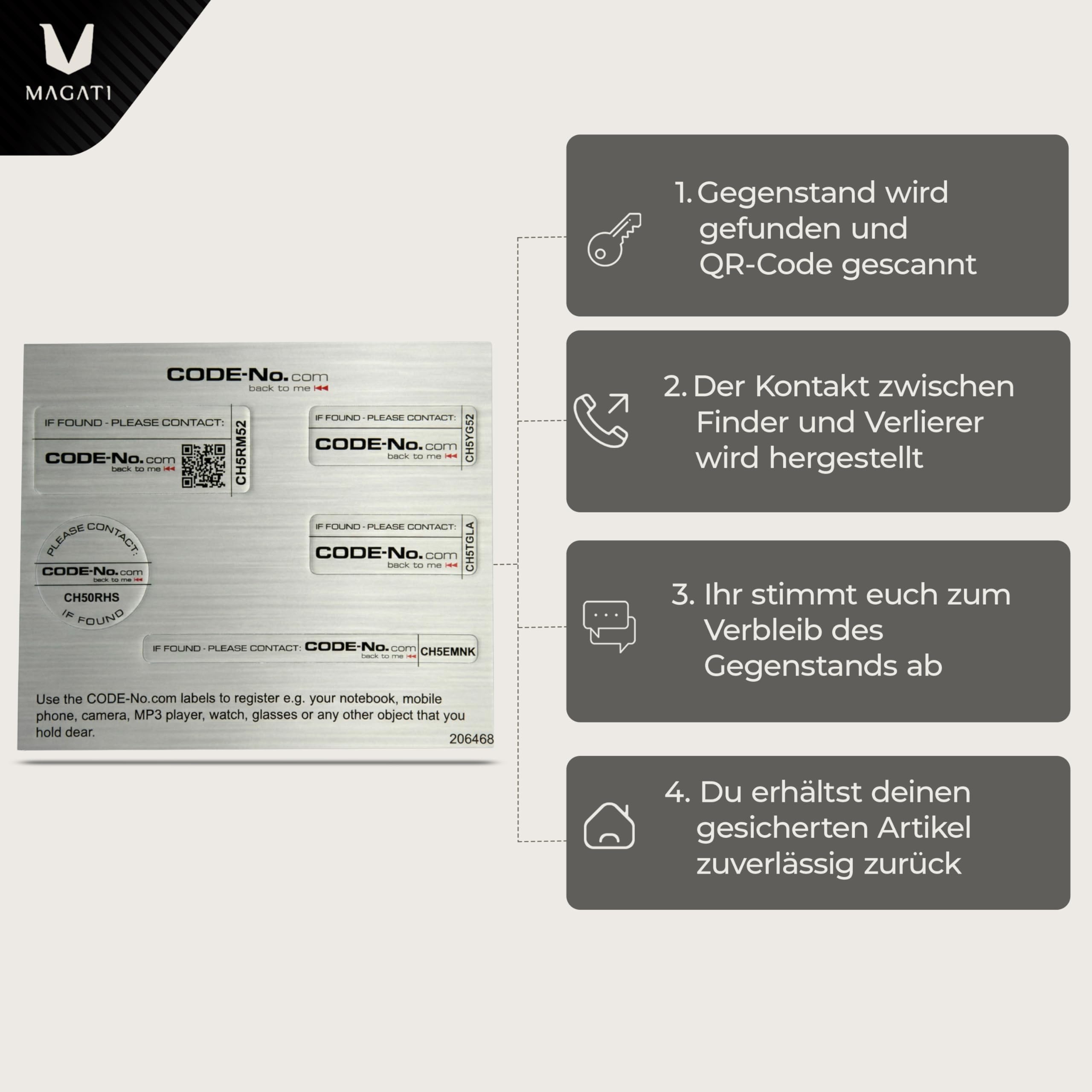 MAGATI CODE24 Aluminium 5er-Mix Diebstahlschutzlabel (3 Jahre/Silber) – Individuelles, stark haftendes Code Label für Wertgegenstände – Mit sicherem Lost- & Foundservice CODE24