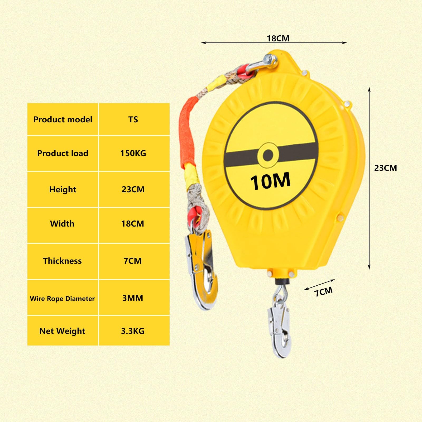 Dispositivo Anticaídas Retráctil 3-20m, Verde/Amarillo Línea de Vida Retráctil Portátil, Profesión Equipos Anticaidas Retractil Seguridad para Trabajos Aéreos, Carga Máxima:150kg(Amarillo, 10m)