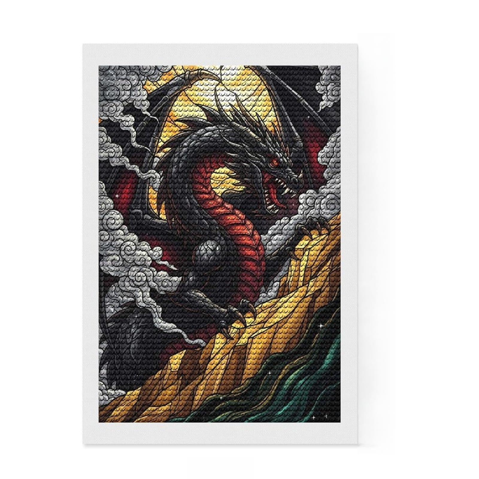 Junmoney Stained Glass Dragon Illustration Crystal Diamond Art Kit 8"x12", Boho Decor, Stress Relief Craft, Full Kit Included, Fun Craft Activity