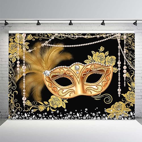 MEHOFOND Telón de fondo de bola de máscaras color negro y dorado fondo de fotografía Mardi Gras carnaval decoración de fiesta disfraz de dulce 16