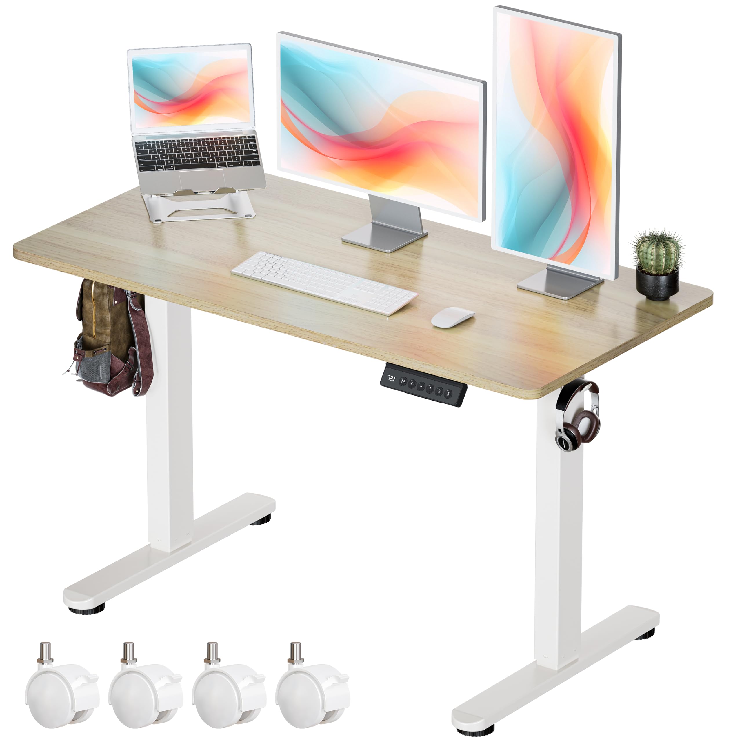 Okin Standing Desk Electric Adjustable Computer Whole Piece Stand up Desk with Wheels Office Gaming Home Office Memory Desks 48x24 inches Cream Pecans