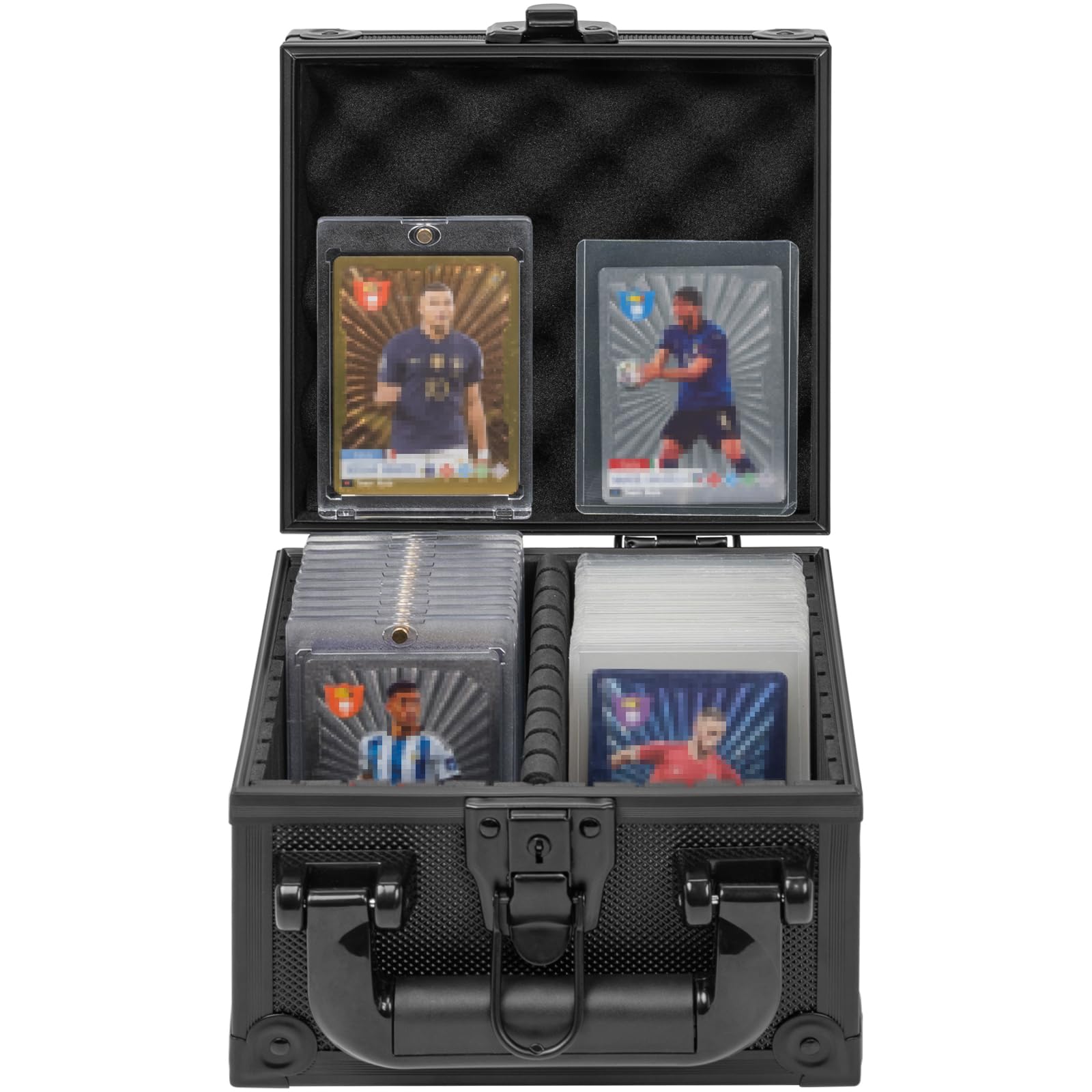 FREEAMG Toploader Storage Box with Key Locks, Trading Card Case for 3" x 4" 35pt Rigid Card, Sports Card Storage Box with 2 Partition Holds 150+ Toploaders, Magnetic Card Holders