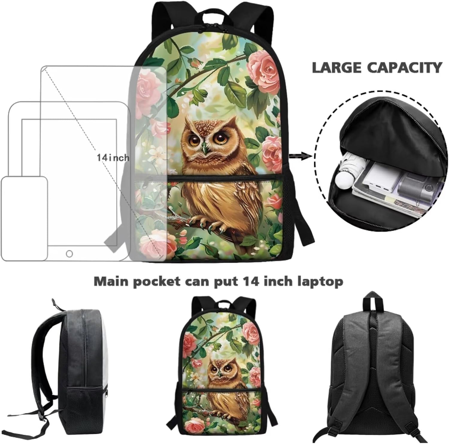 Xoenoiee Owl Floral Print 3Pcs Bookbag+Lunch Box+Pencil Bag for Students 17in Large School Bag Backpack Set for Boys Girls Back To School