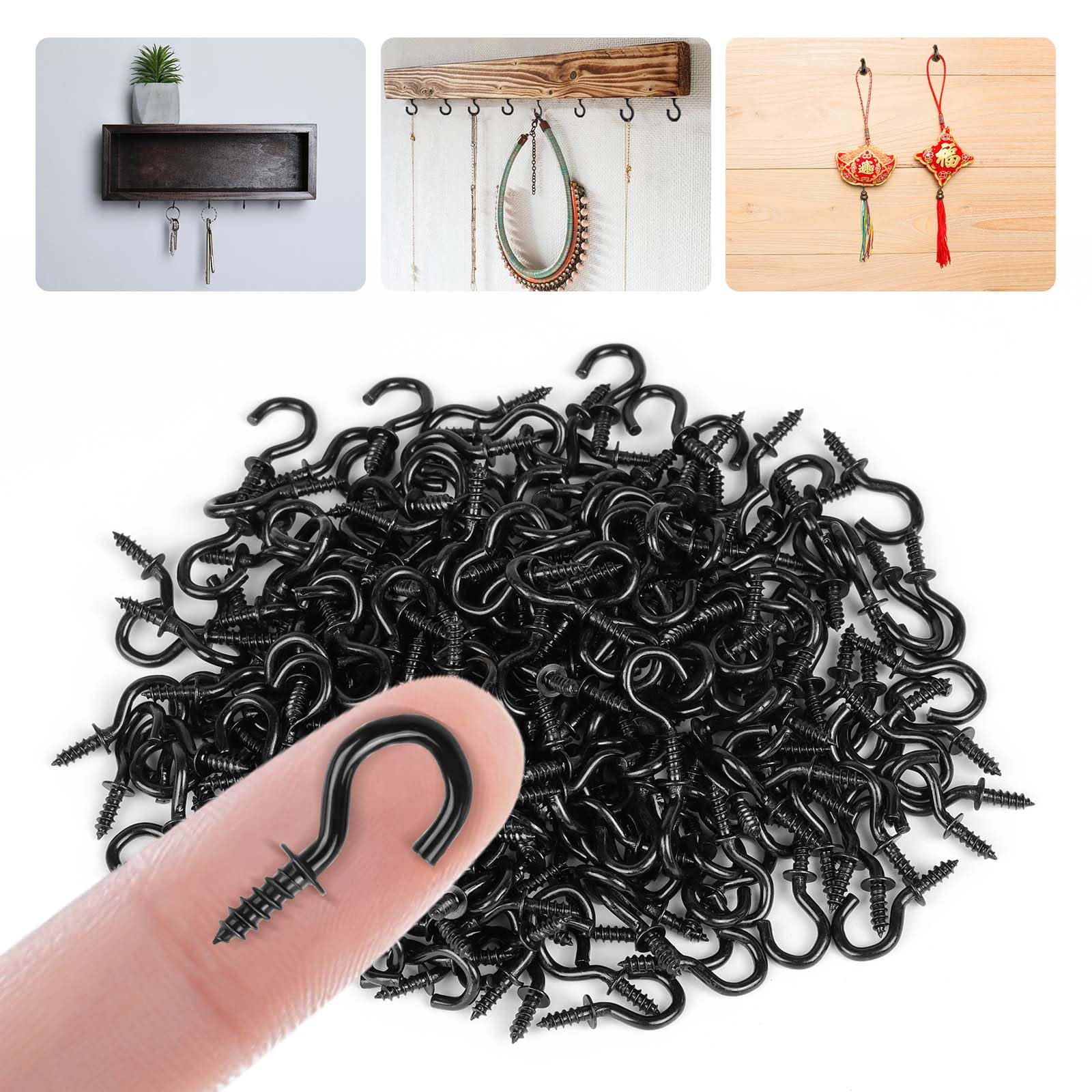 vsshe 250PCS 1/2 Inch Metal Ceiling Hooks, Black Plastic Cup Hooks Screw Multi-Purpose Hook for Hanging Plants Cups