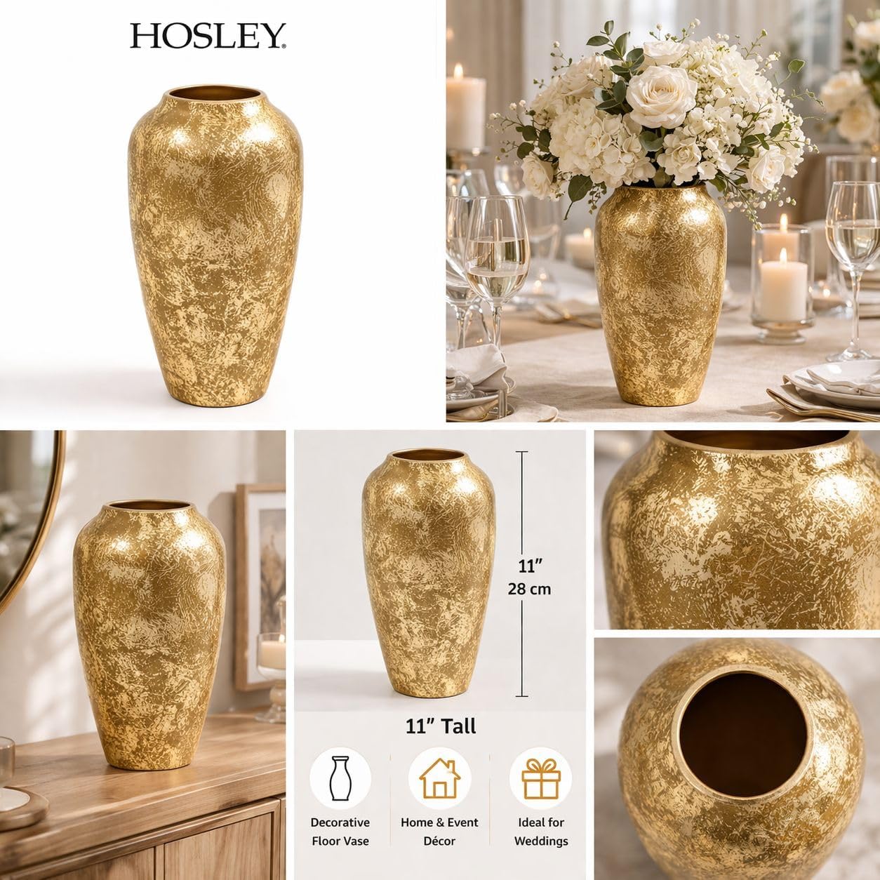 Hosley Gold Traditional Metal Vase 11" High Gold Vase Floor Tall vase Ideal for Home Decor Weddings, Party, Home Office