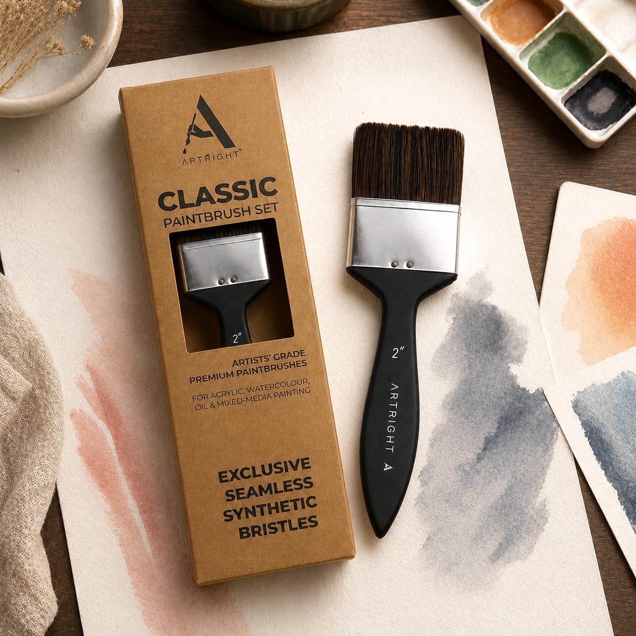 ArtRight 2 Inch Flat Wash Painting Brush – Handmade Professional Artist Brush for Acrylic, Watercolor, Gouache & Mixed-Media Painting (Wood Handle) 1