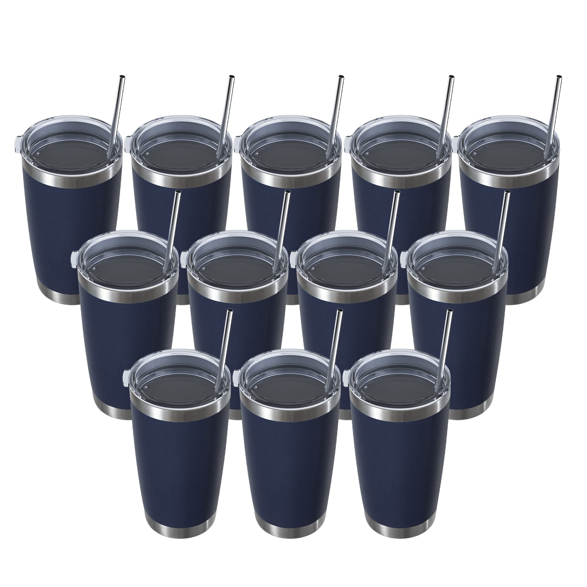 MUCHENGHY 20oz Stainless Steel Tumbler with Lid and Straw, Double Wall Vacuum Insulated Travel Coffee Mug, Stainless steel surface Metal Tumblers (12pack-Navy Blue, Stainless Steel)