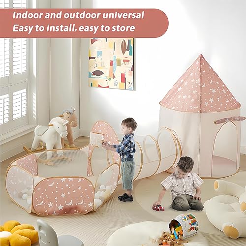 Miniatura 6 de Tienda de campaña 3 en 1 para niños con túnel, tienda de campaña desplegable con hoyos de bolas para niños pequeños y casa de juegos para interiores