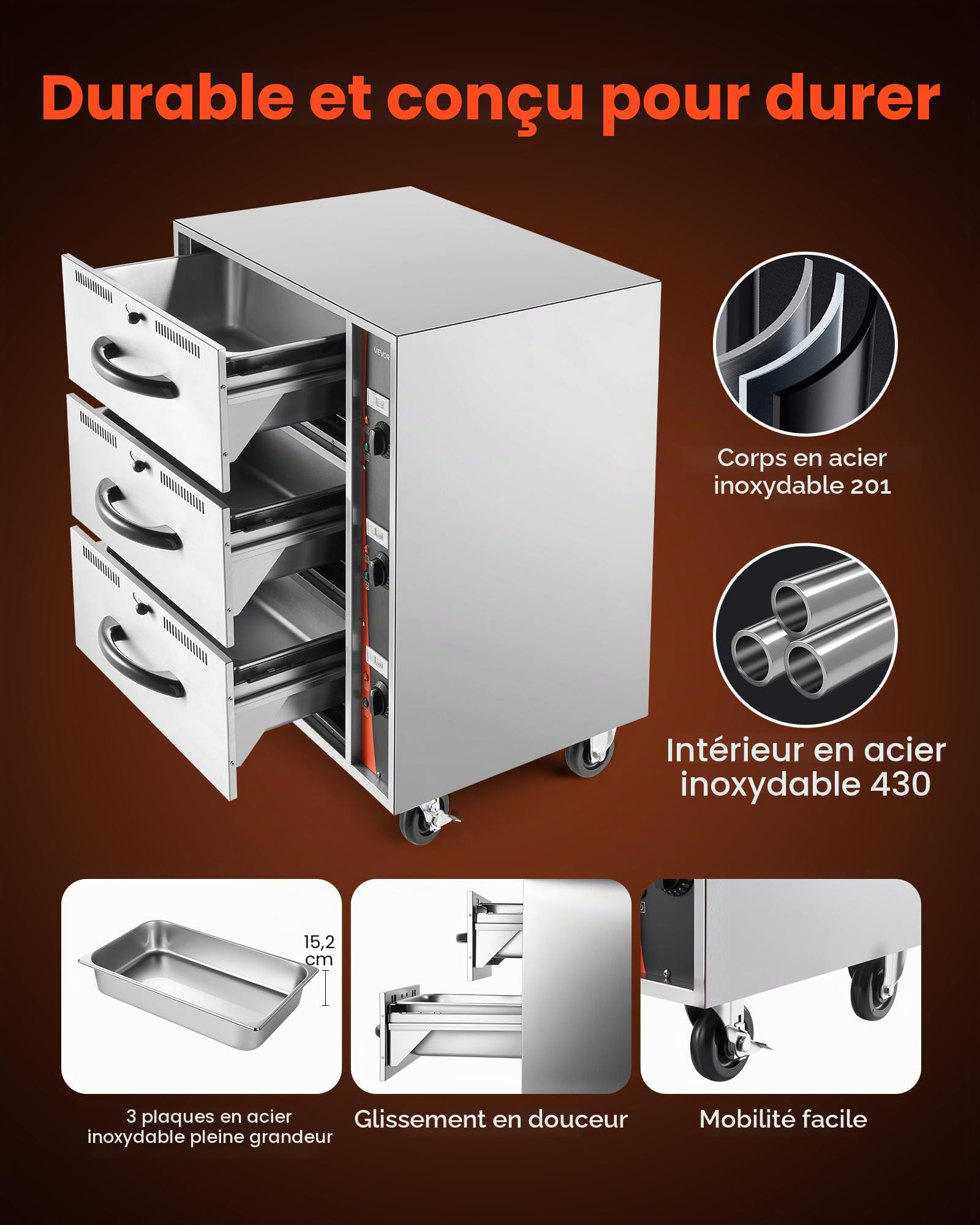 VEVOR Electric Heating Drawer, Three Drawer Stainless Steel Tea Warmers, Standalone Standard Heating Cabinet, Temperature Range 30-85℃, for Restaurant, Hotel, Buffet and Bakery