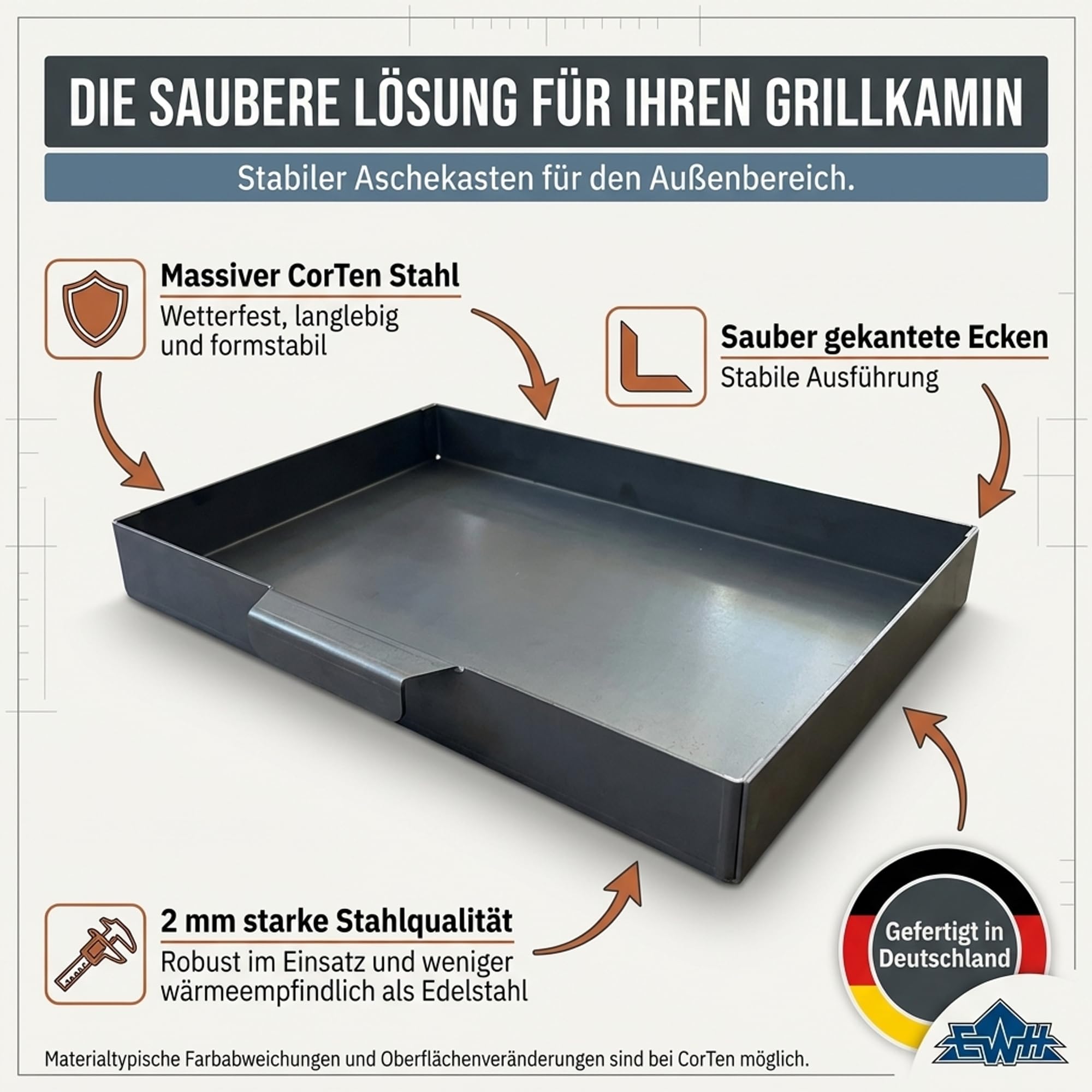 EWH Aschekasten per barbecue in acciaio CorTen resistente alle intemperie/estetica ruggine (49 x 34 cm) Contenitore per cenere/cenere per barbecue a esterno Camino esterno