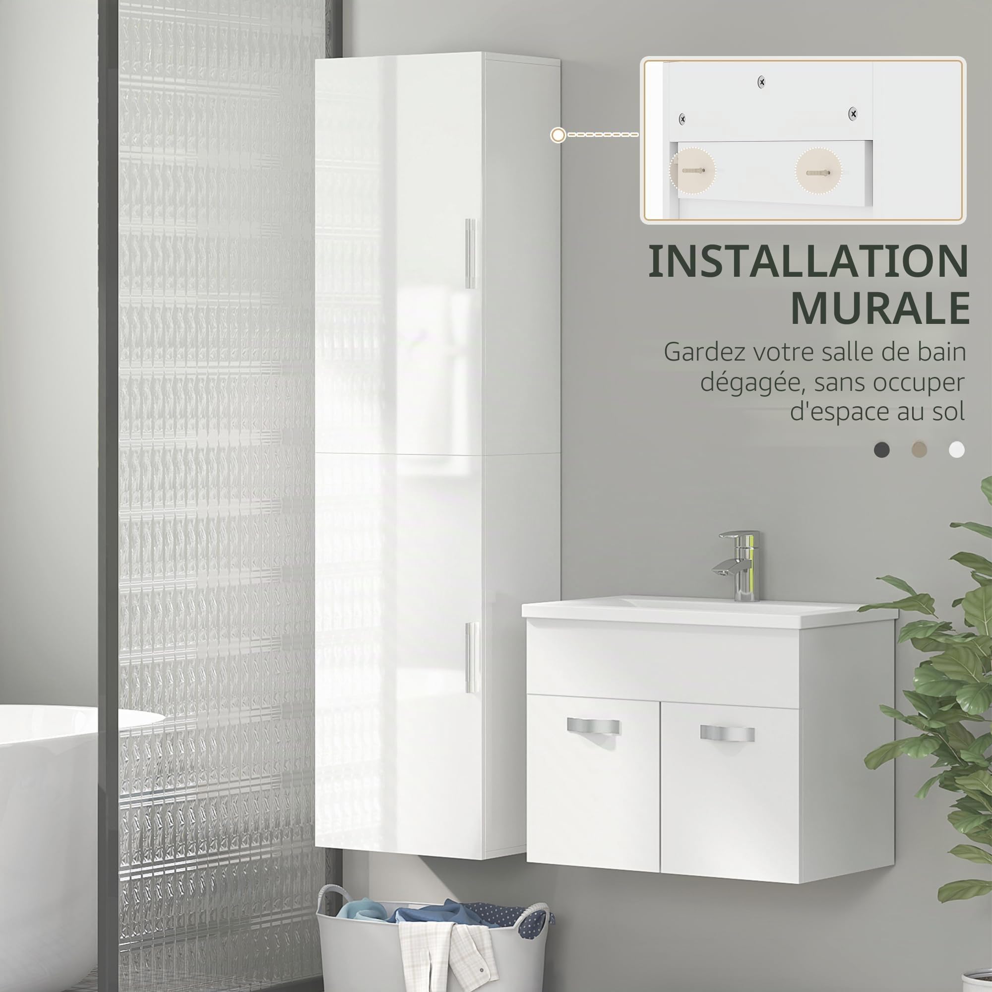 HOMCOM Armoire murale pour salle de bain avec étagères réglables et 2 portes - Meuble de salle de bain moderne pour les petits espaces - 40 x 30 x 160 cm - Blanc brillant