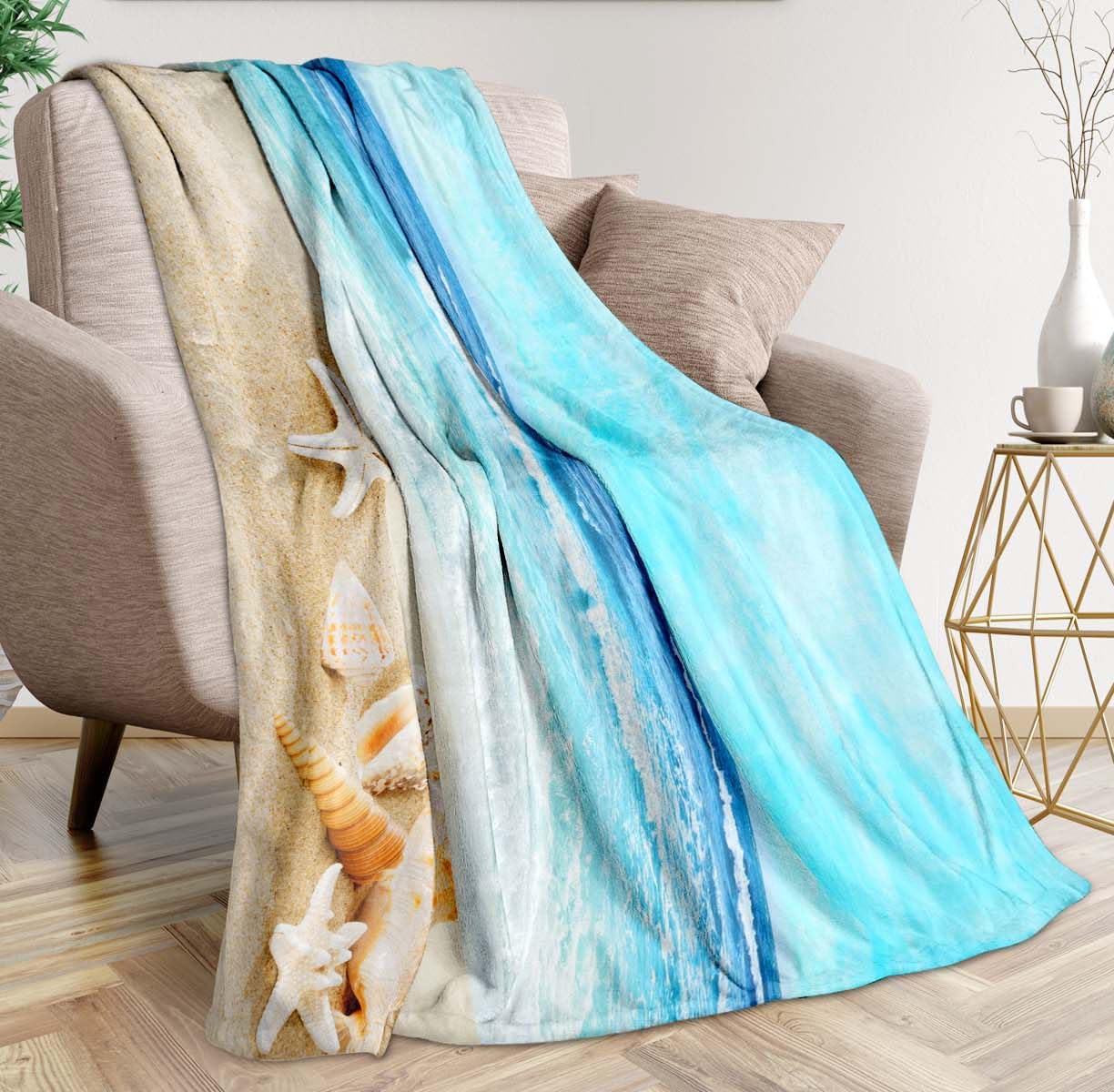 Coastal Beach Throw Blanket 60x50 Inch Blue Ocean Seashells Starfish Decor Ultra-Soft Cozy Flannel Lightweight Throw Blanket for Couch Sofa Bedding Living Room Home Decor