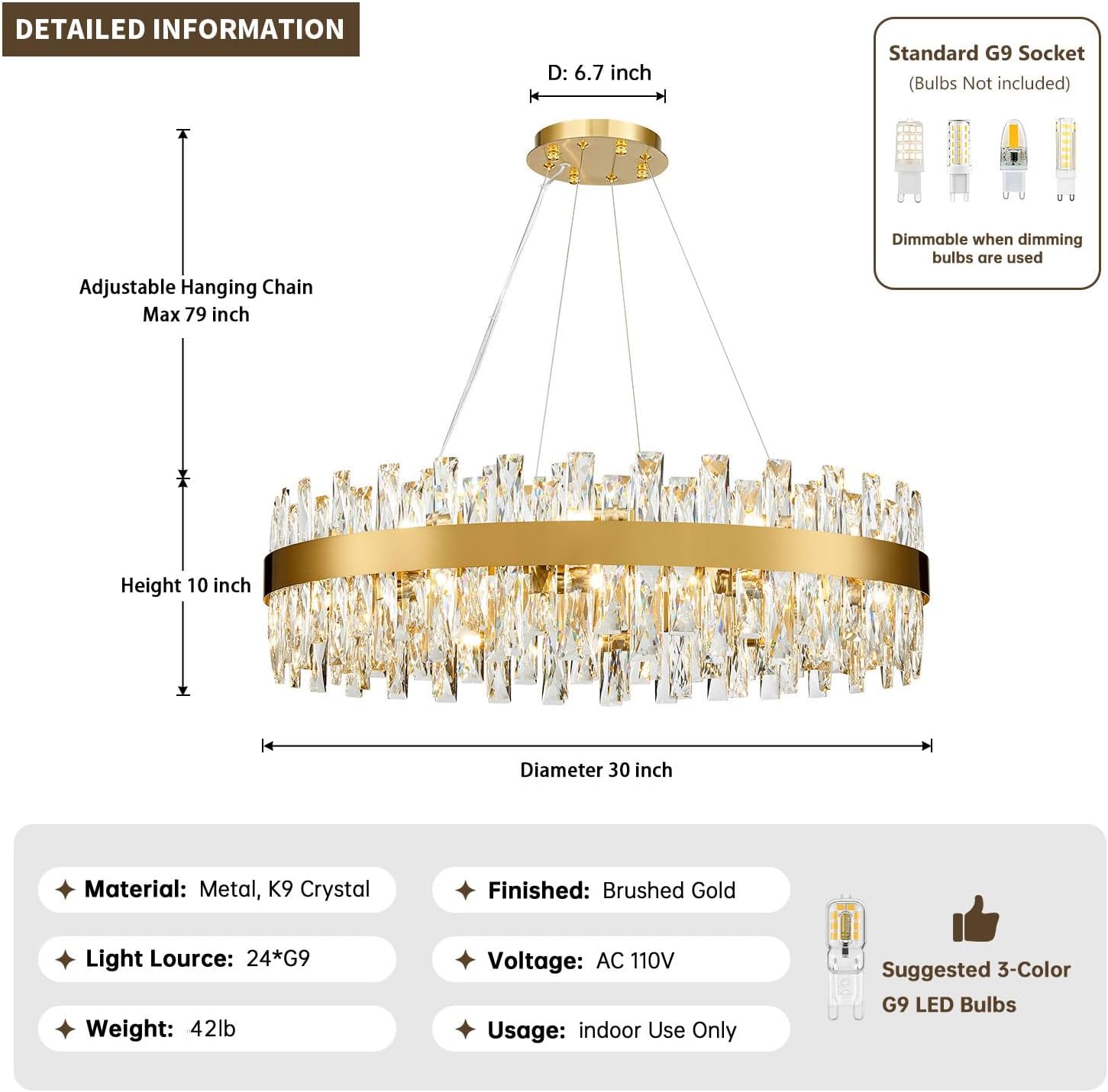 Modern Brass Gold Crystal Chandelier Lights, Round K9 Crystal Raindrop Chandelier, Pendant Ceiling Light Fixtures for Dining Living Dining Room Bedroom, Diameter 30 inches