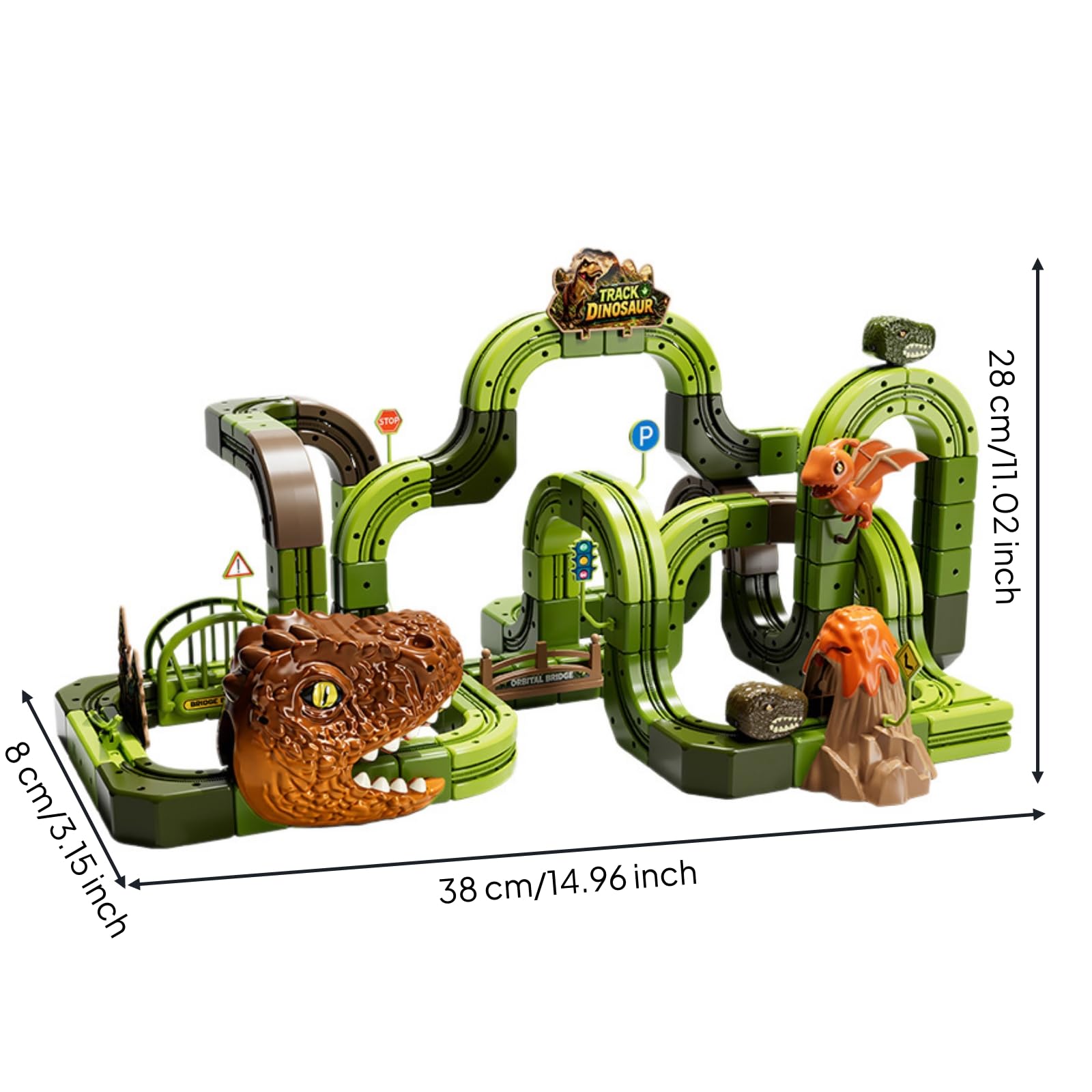 Pista Veicolini con Dinosauri Sicuro, Verde, Size to 1 | Modulare, Combinabile, Pista Giocattolo con Dinosauri, per Area Giochi