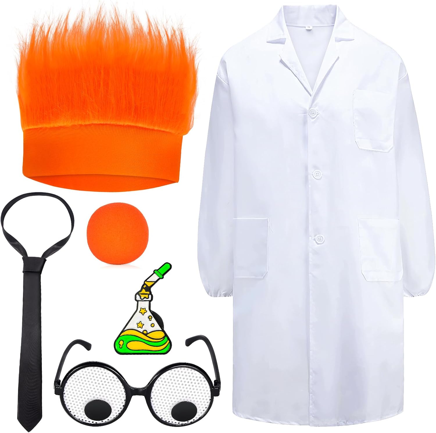 Kyson Funny Halloween Costume Accessories Set Orange Hairy Headband Nose Googly Eye Glasses Orange Nose Lab Coat Tie Pin Set A-6 Pieces
