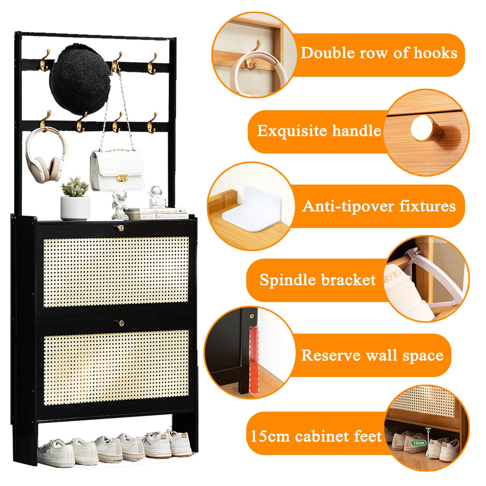 Zapatero con Puertas, Mueble Recibidor Entrada, Zapatero Bambu para 10-30 Pares, Zapatero Entrada Recibidor Nero, Mueble Zapatero De RatáN, para La Entrada O El Pasillo, Ahorro De Espacio