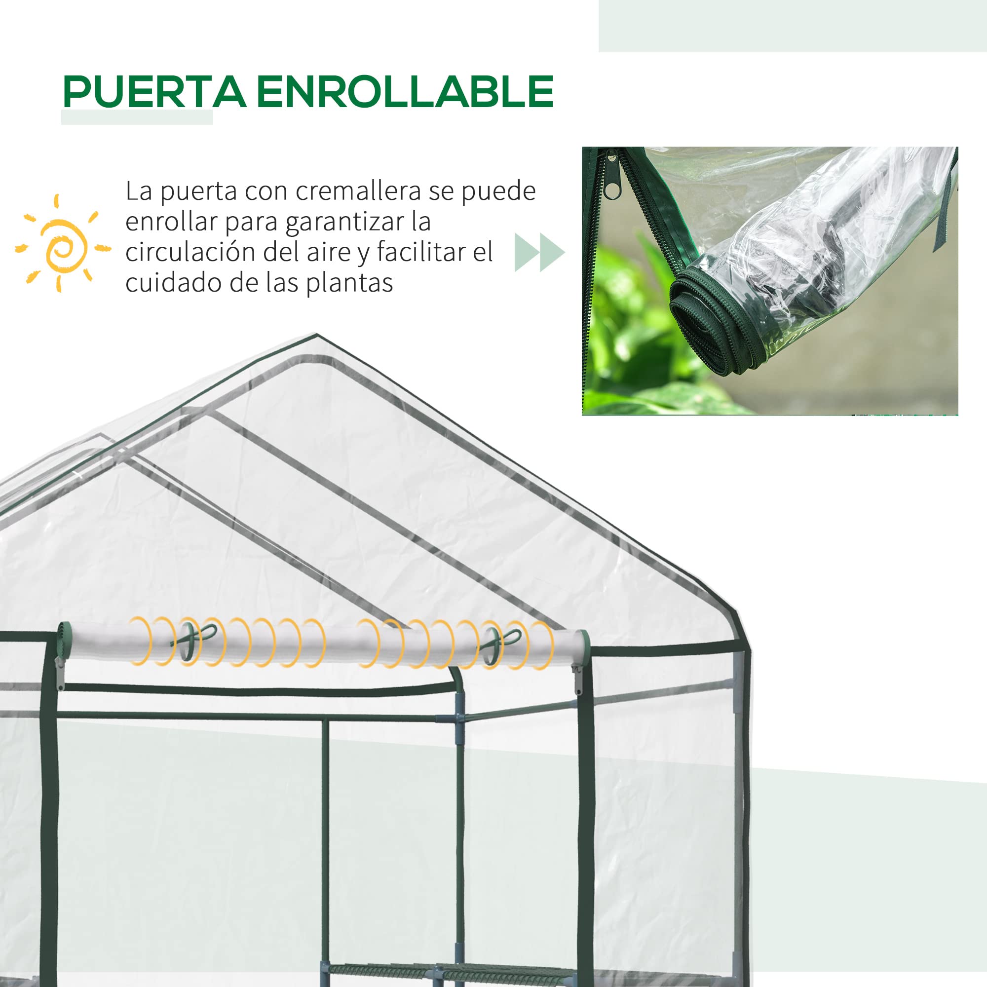 Outsunny Invernadero de Exterior de 3 Niveles con Estantes 143x143x195 cm | Marco de Acero con Cubierta de Pvc para Cultivo de Plantas, Flores y Verduras, Translúcido y Verde