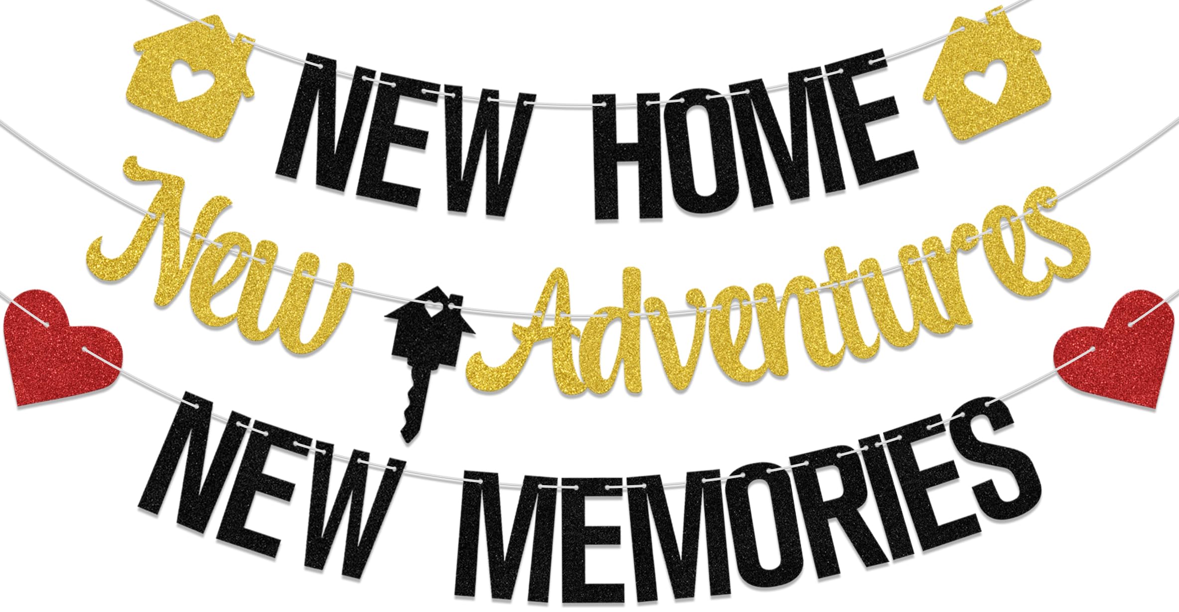 New Home New Adventures New Memories Banner, Housewarming Party Decorations, New House Welcome Home Party Decoration, Our First Home Housewarming Party for Family and Friends Black Glitter