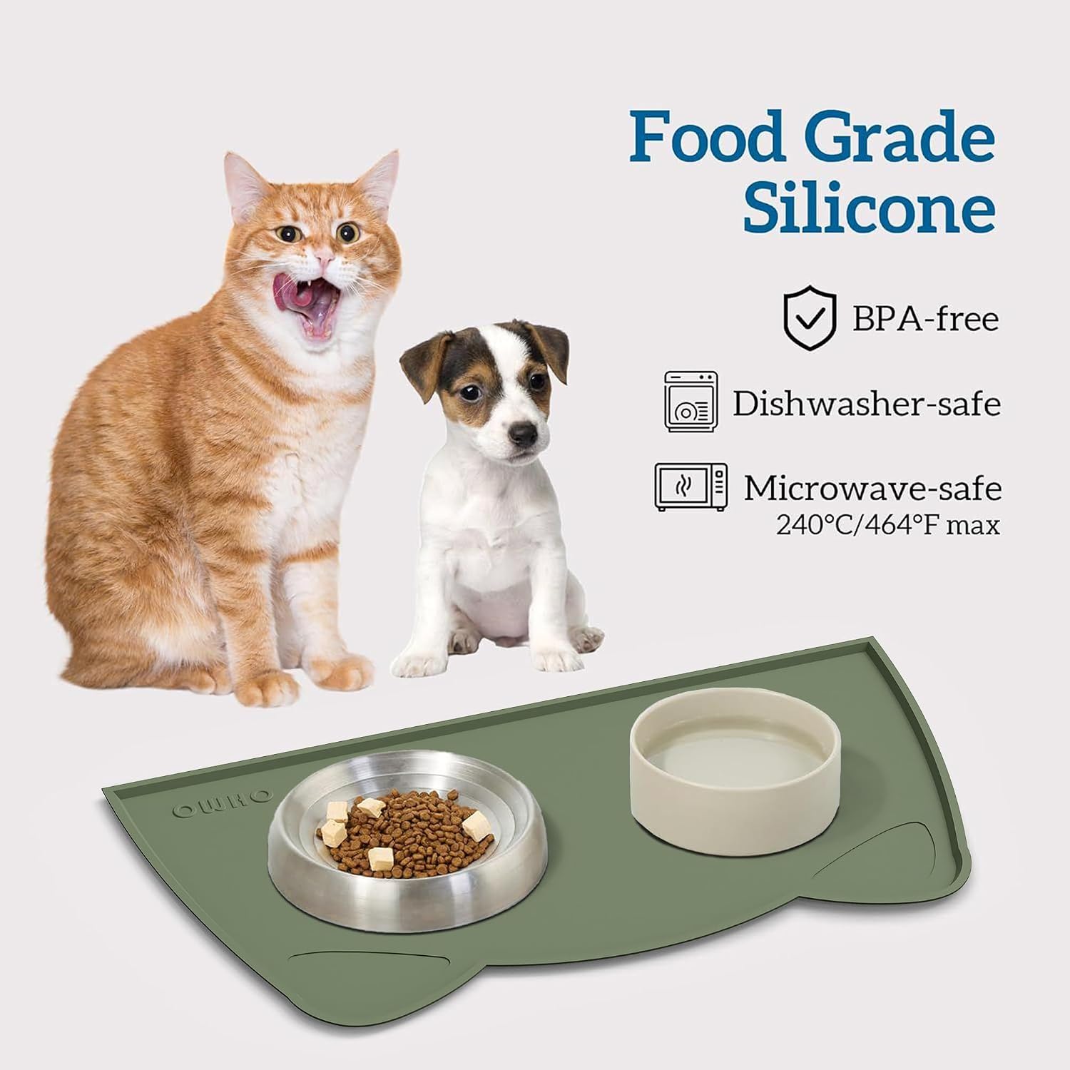OHMO - Cat Food Mat, Silicone Pet Feeding Mat for Floor Non-Skid Waterproof Dog Water Bowl Tray, Easy to Clean Pet Placemat