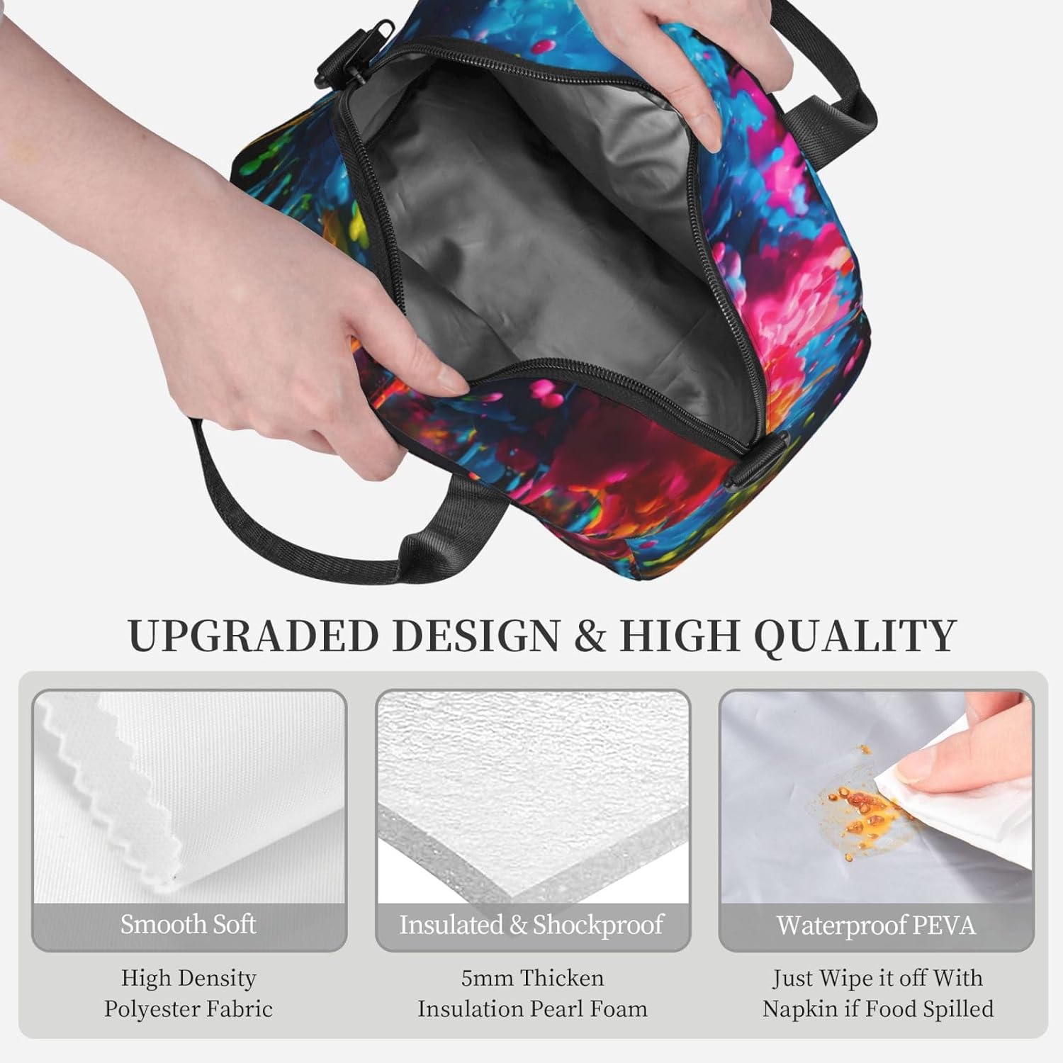 Paint Splatter Backdrop Print Reusable Lunch Bag Insulated Lunch Boxes for Office Work Picnic Tote Bag Adjustable