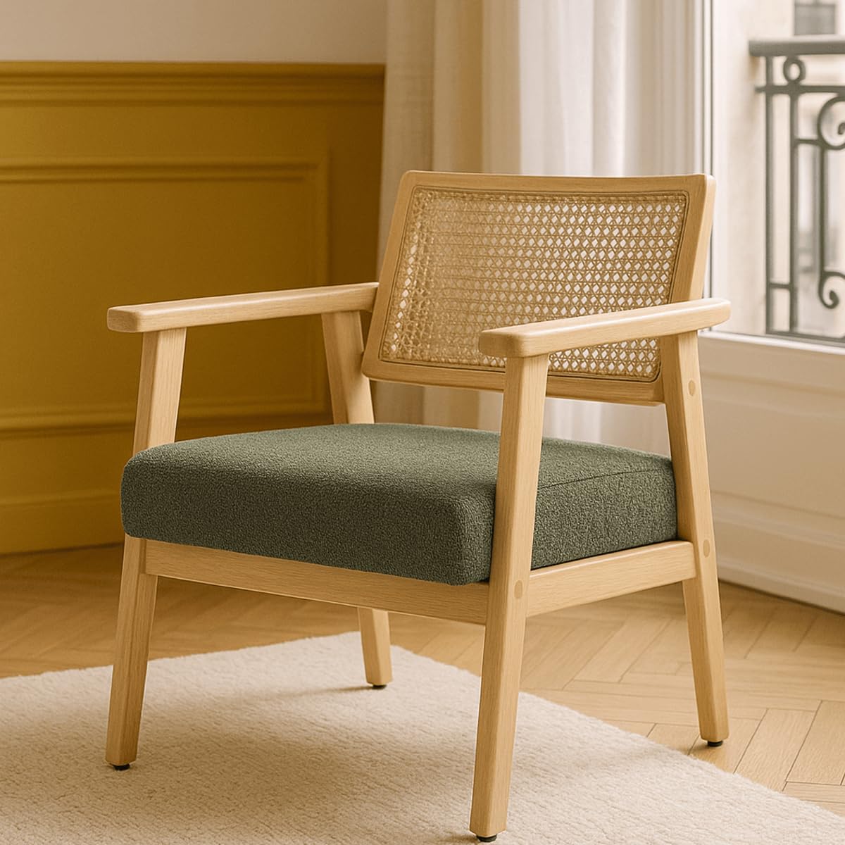 HOMIFAB Fauteuil en Tissu bouclé Vert et cannage Naturel - Tim