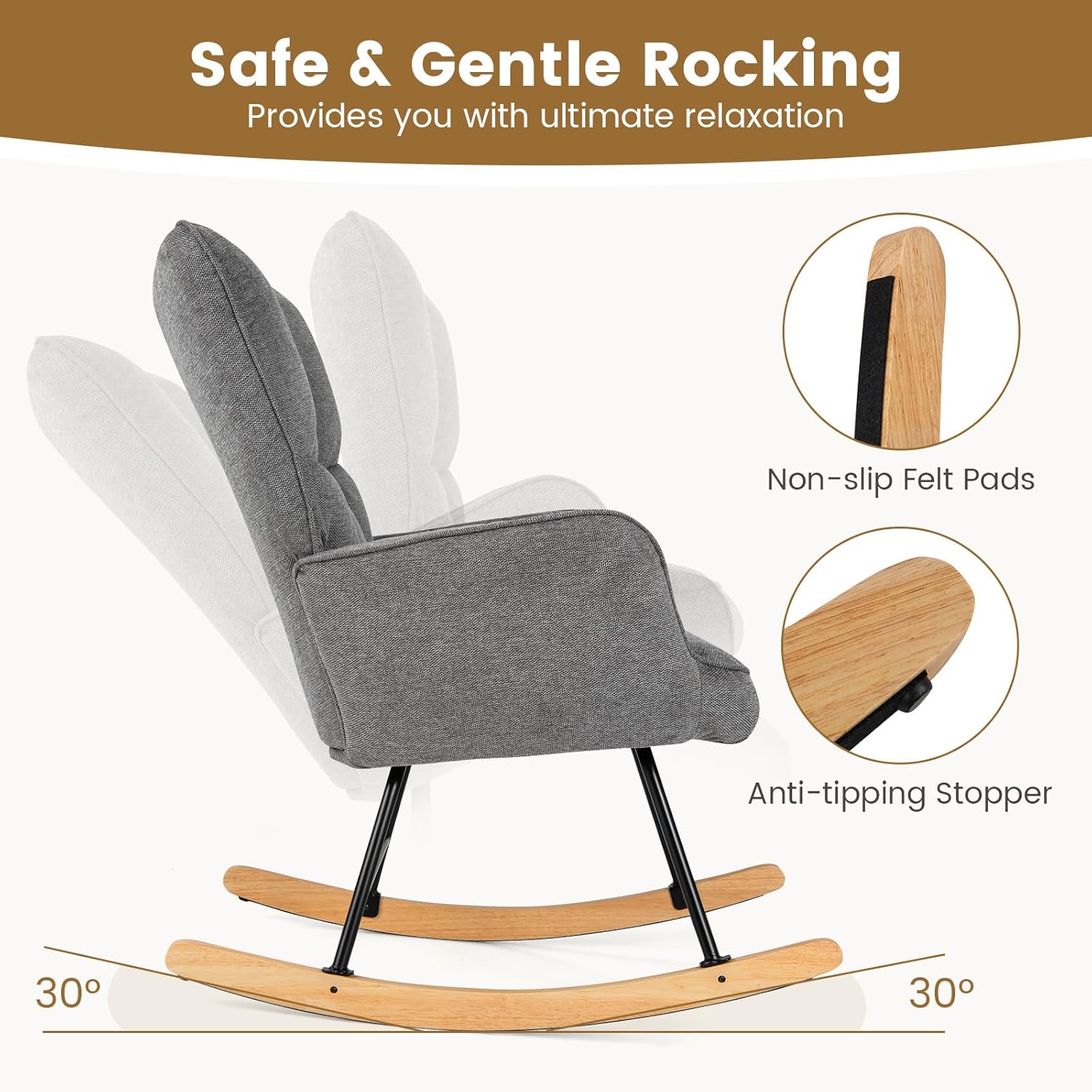 Giantex Linen Rocking Chair, Modern Accent Chair with Backrest, Padded Armrests & Seat, Upholstered Glider Rocker Armchair with Solid Metal & Wood Frame for Nursery, Living Room, Bedroom (Dark Grey)