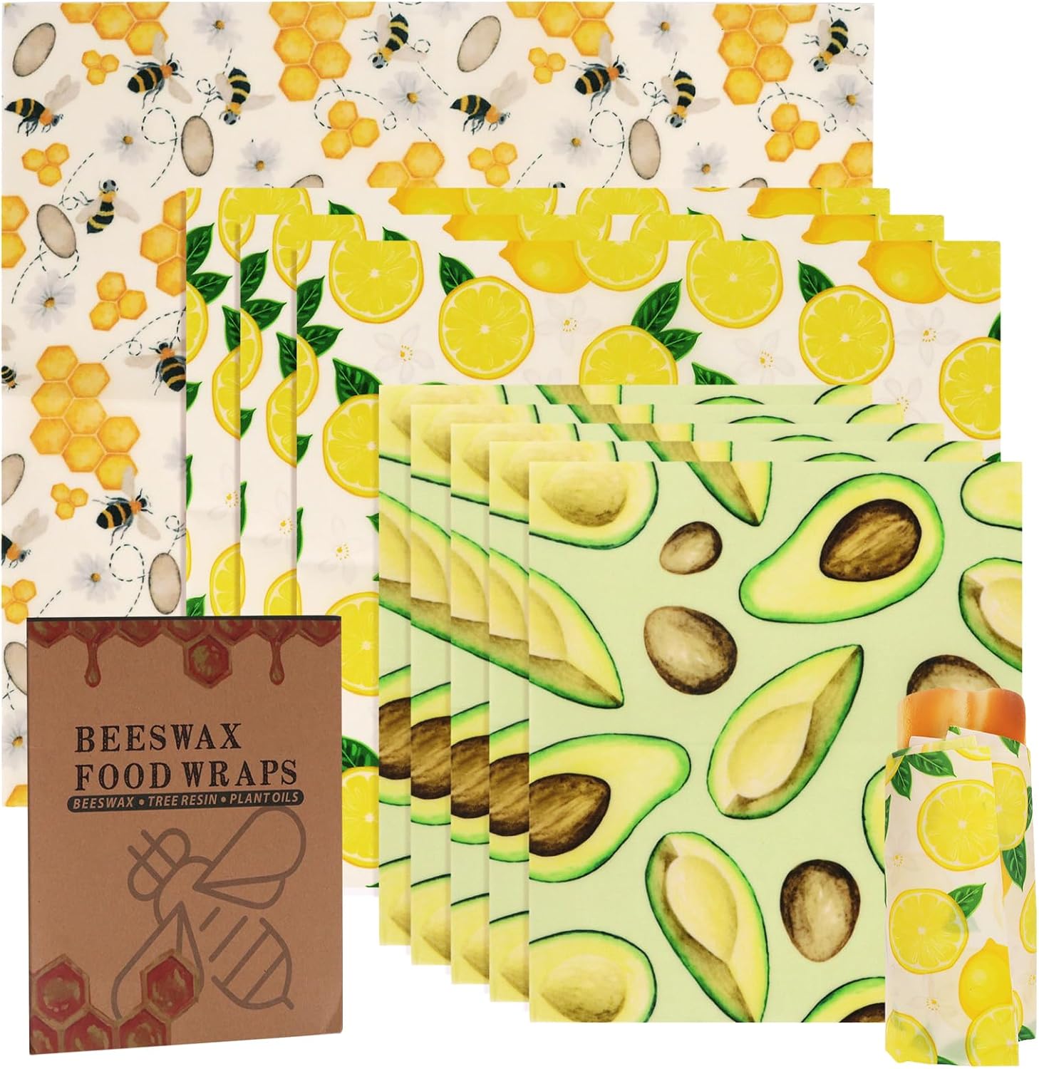 ZUFECY Beeswax Food Wrap, 9-Pack Reusable Food Storage in 3 Sizes (5S/3M/1L), Fruit Pattern, Plastic-Free, for Bread, Cheese, Produce