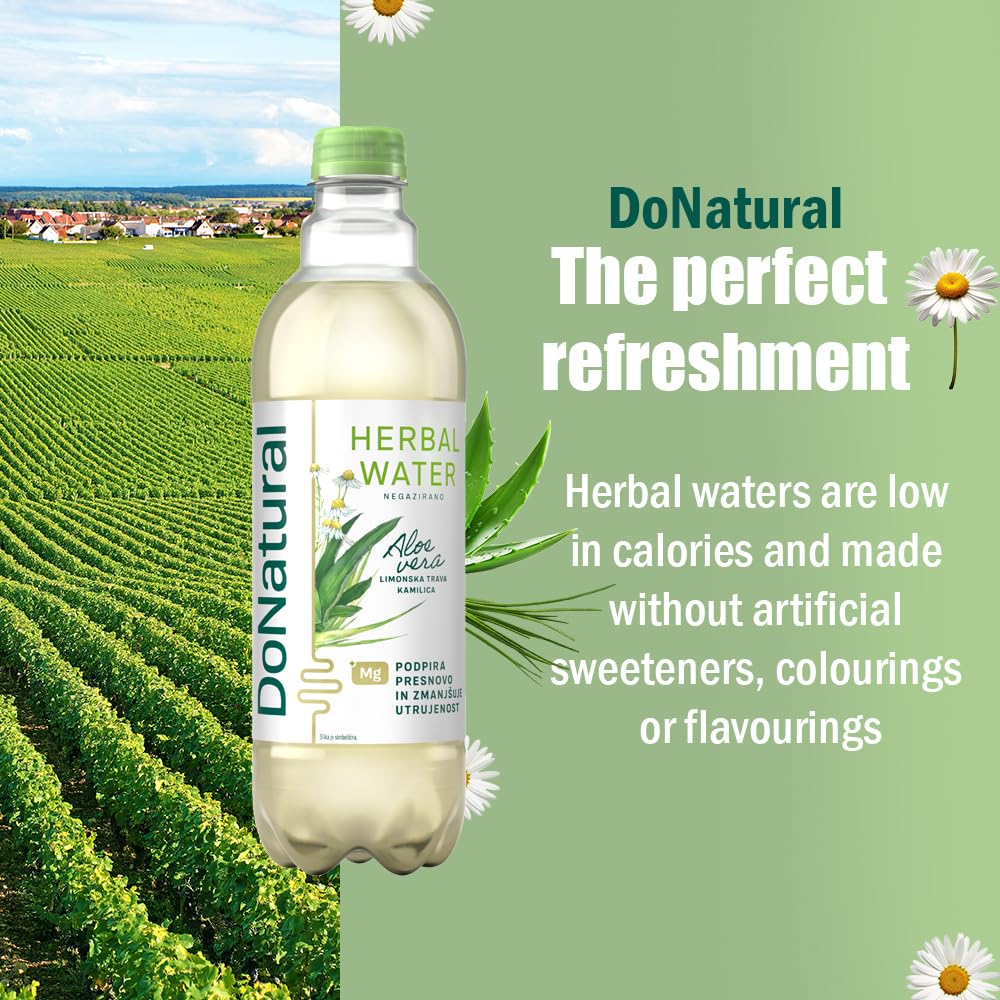 Paquete de 12 DoNatural Agua Herbal de Aloe Vera – Hierba de limón y manzanilla, 500 ml – Bebida baja en calorías de aloe vera con magnesio y fibra, sin edulcorantes artificiales
