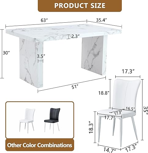 Miniatura 2 de Juego de mesa de comedor moderno para 6, juego de mesa de comedor blanco de 63 pulgadas para 6, tablero de mesa de cocina MDF con patrón de mármol y